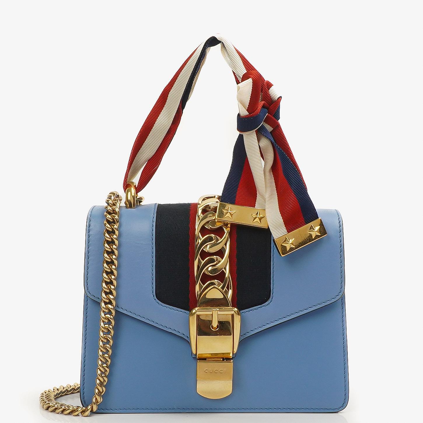 Gucci Mini Sylvie Flap Chain Bag Web Stripe Clear Sky Blue Calfskin