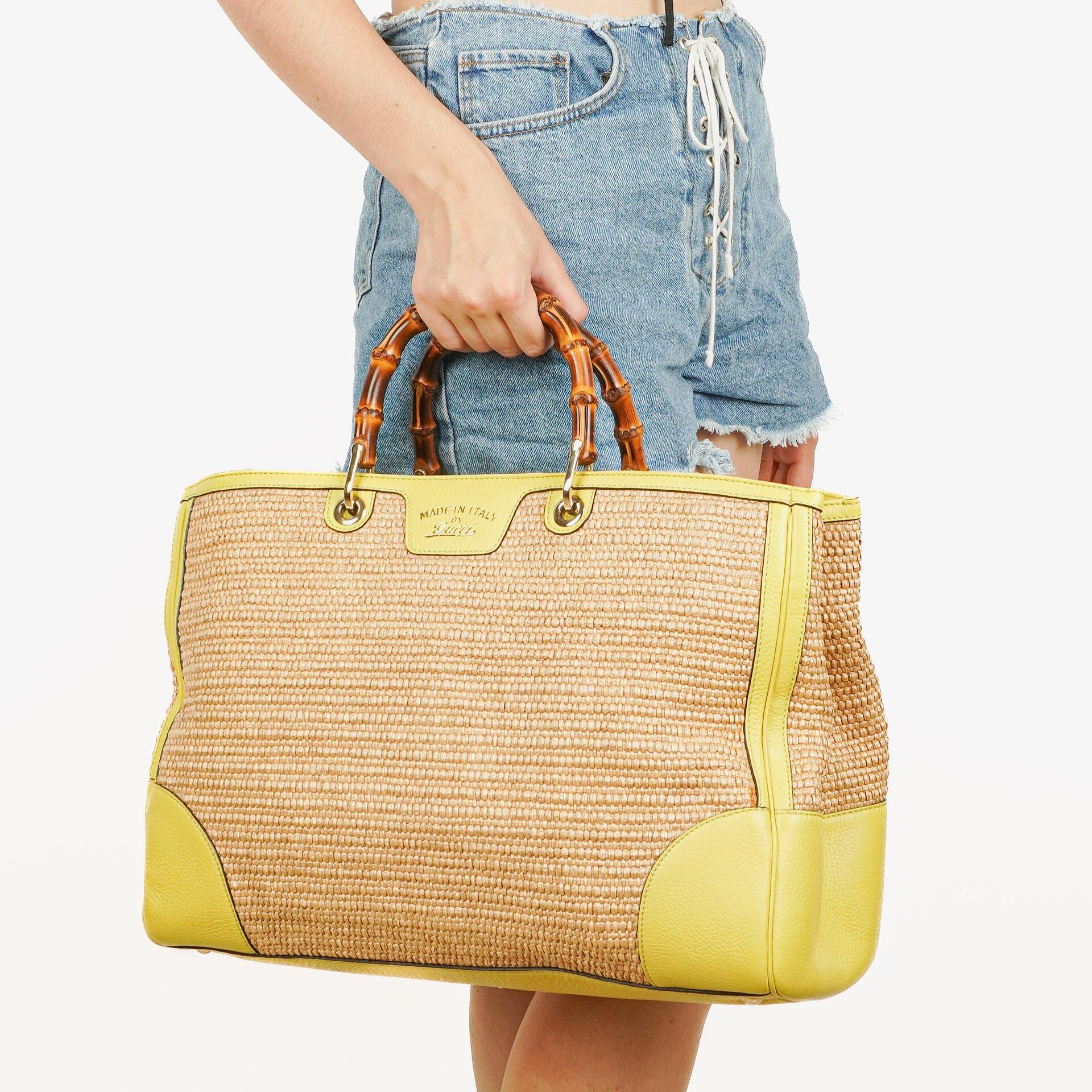 Gucci Natural Woven Straw and Leather Bamboo Shopper Tote Bag