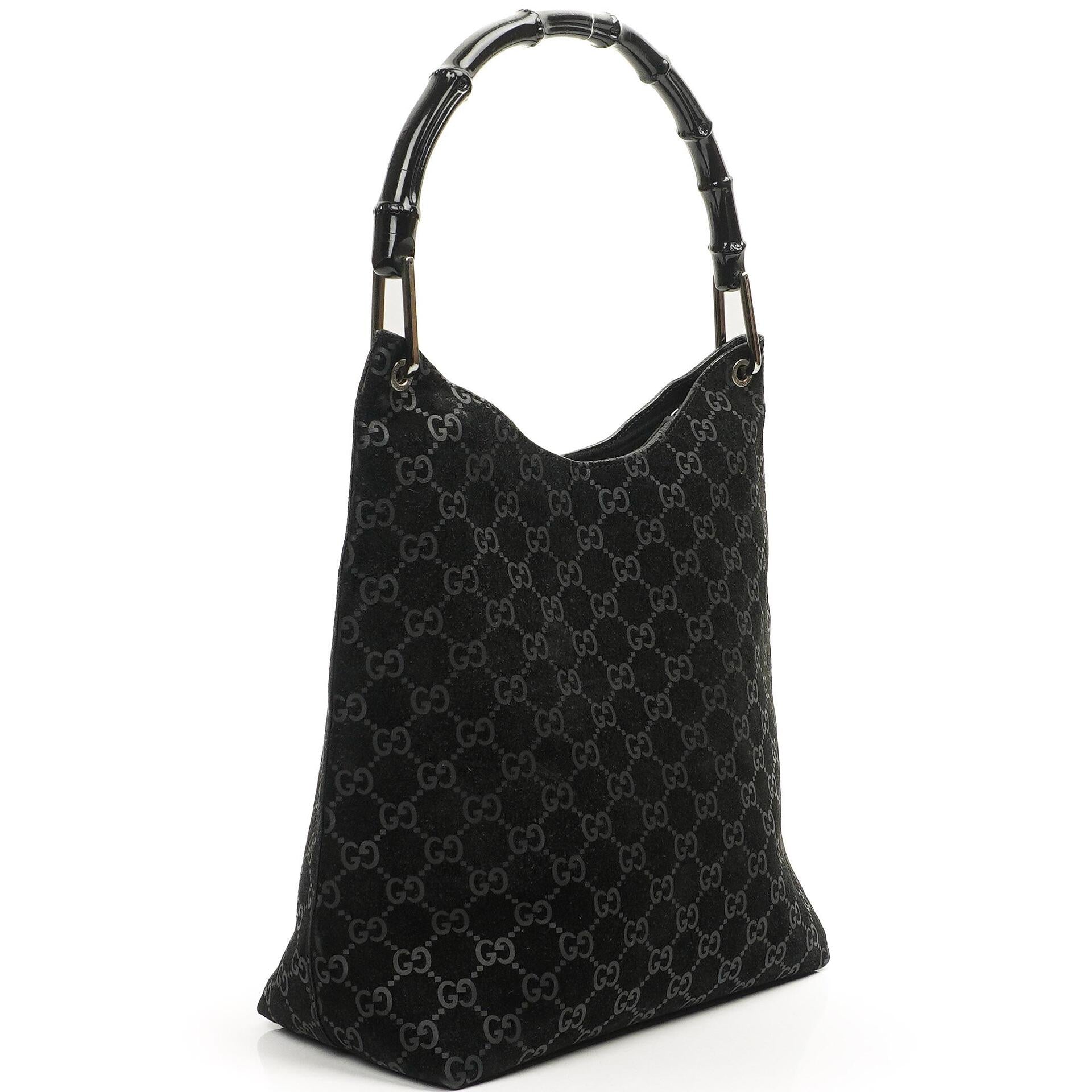 Gucci Vintage Bamboo Top Handle Black GG Hobo Shoulder Bag