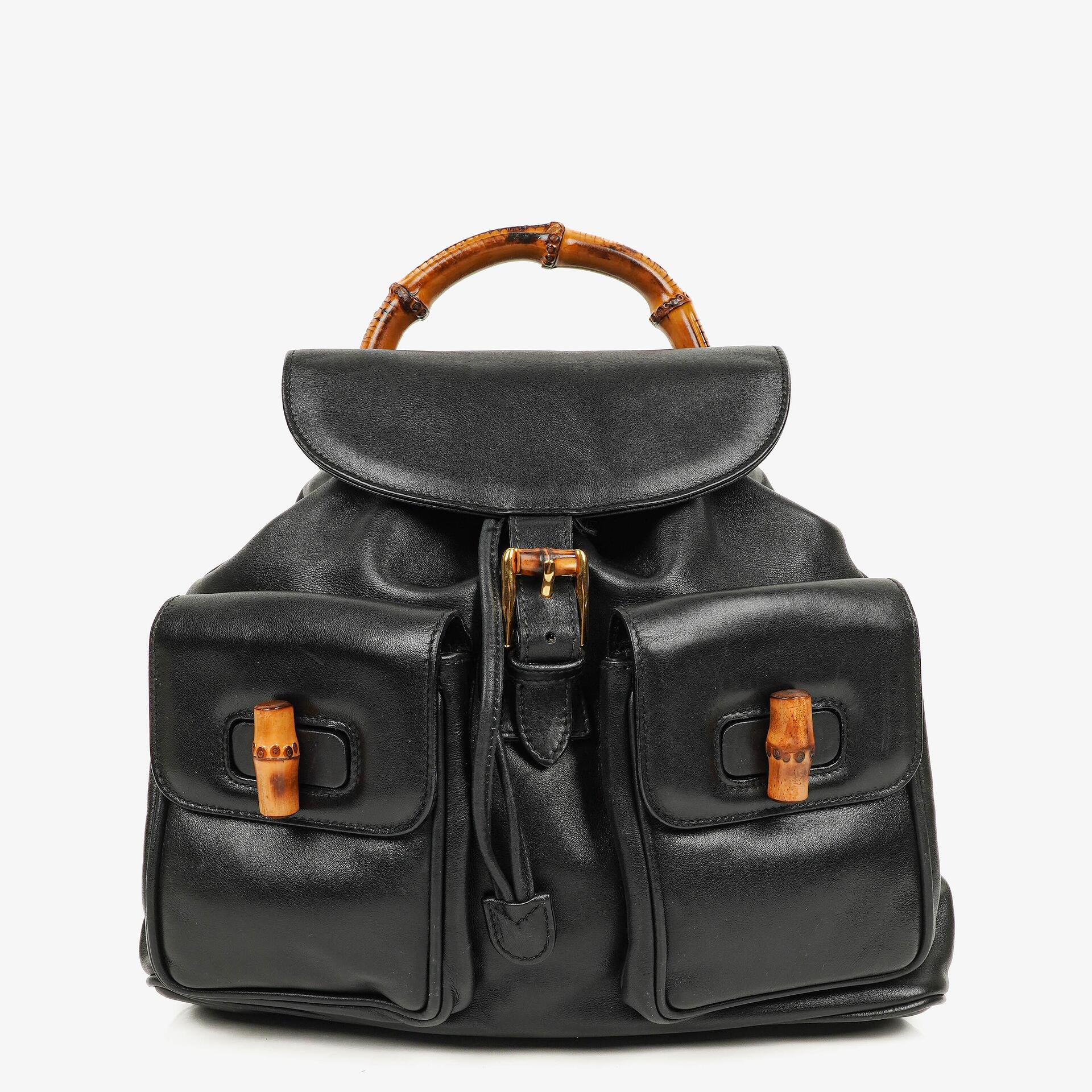 Gucci Vintage Black Leather Bamboo Backpack