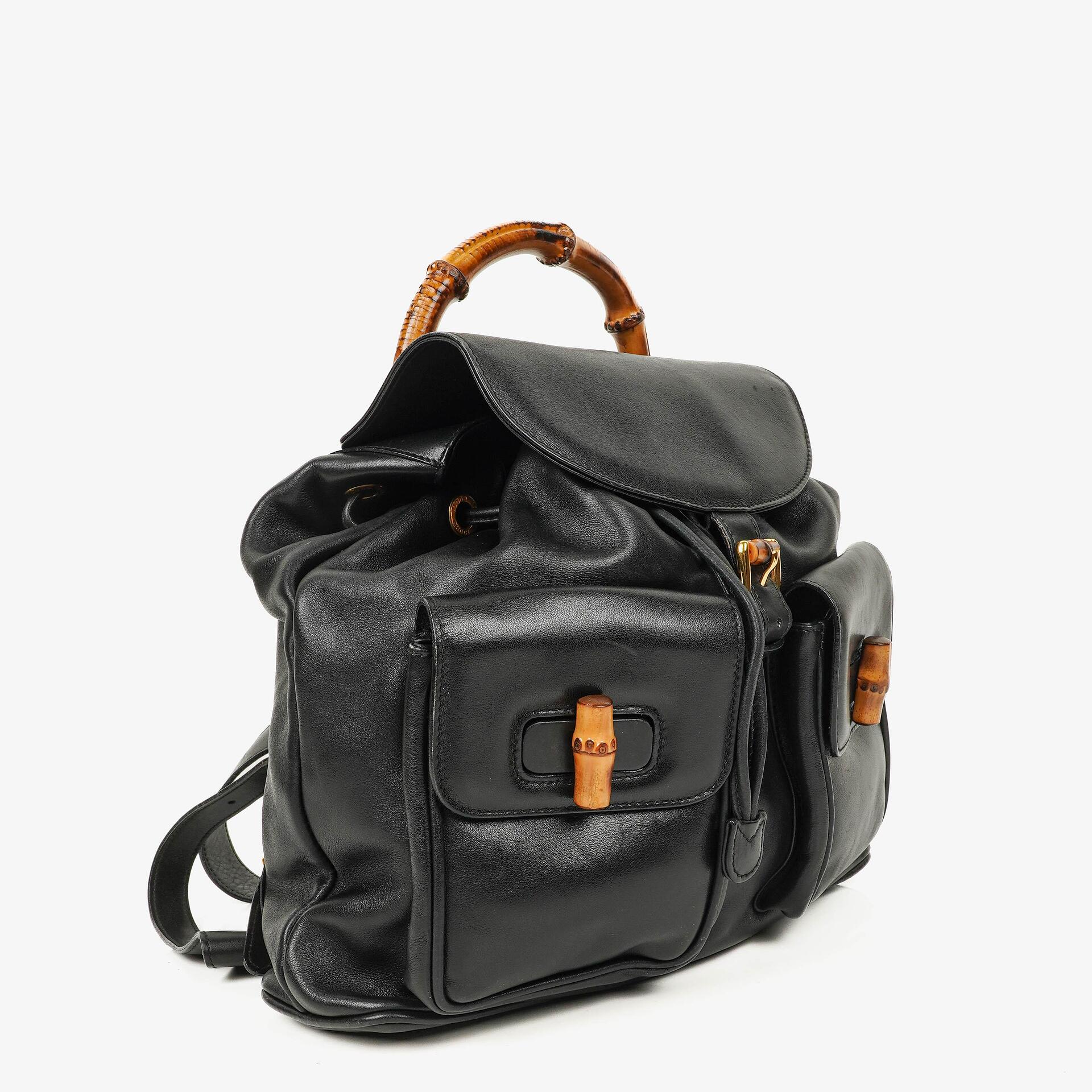 Gucci Vintage Black Leather Bamboo Backpack