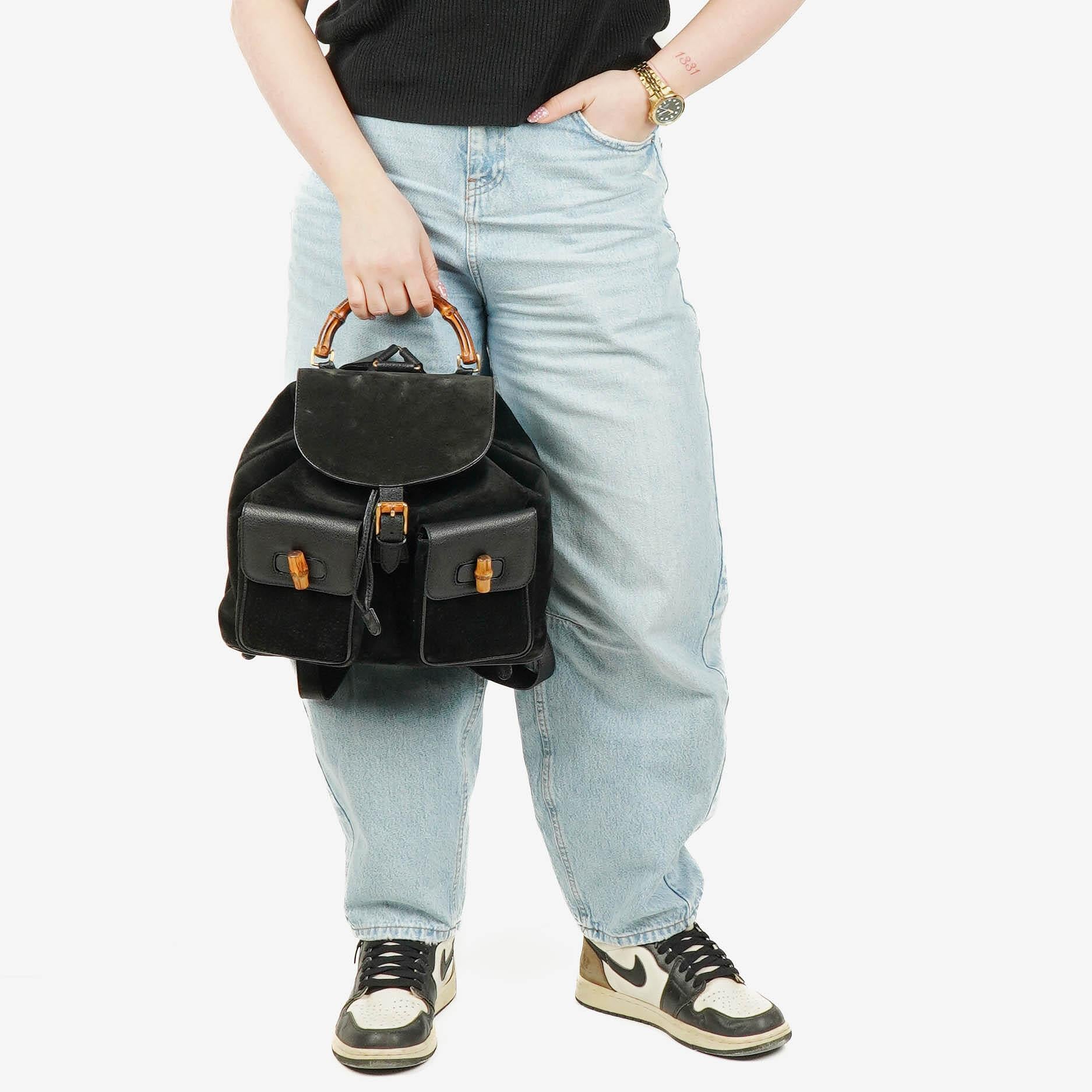 Gucci Vintage Black Suede and Bamboo Backpack