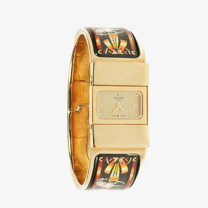 Montre quartz bracelet jonc Loquet émaillé noir équestre et plaqué or Hermès L01.201