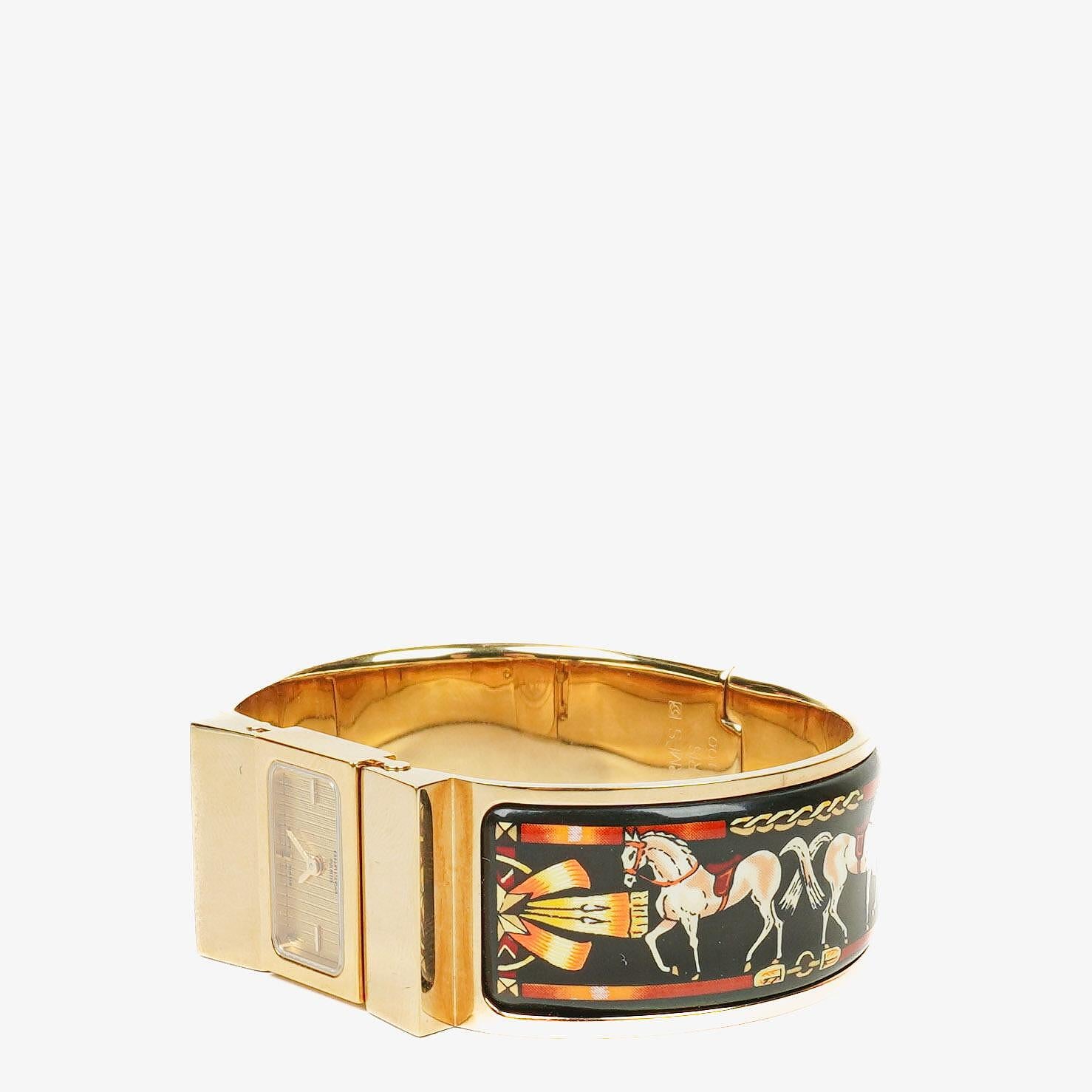 Hermes Black Equestrian Enamel and Gold Plated Loquet Bangle Quartz Watch L01.201