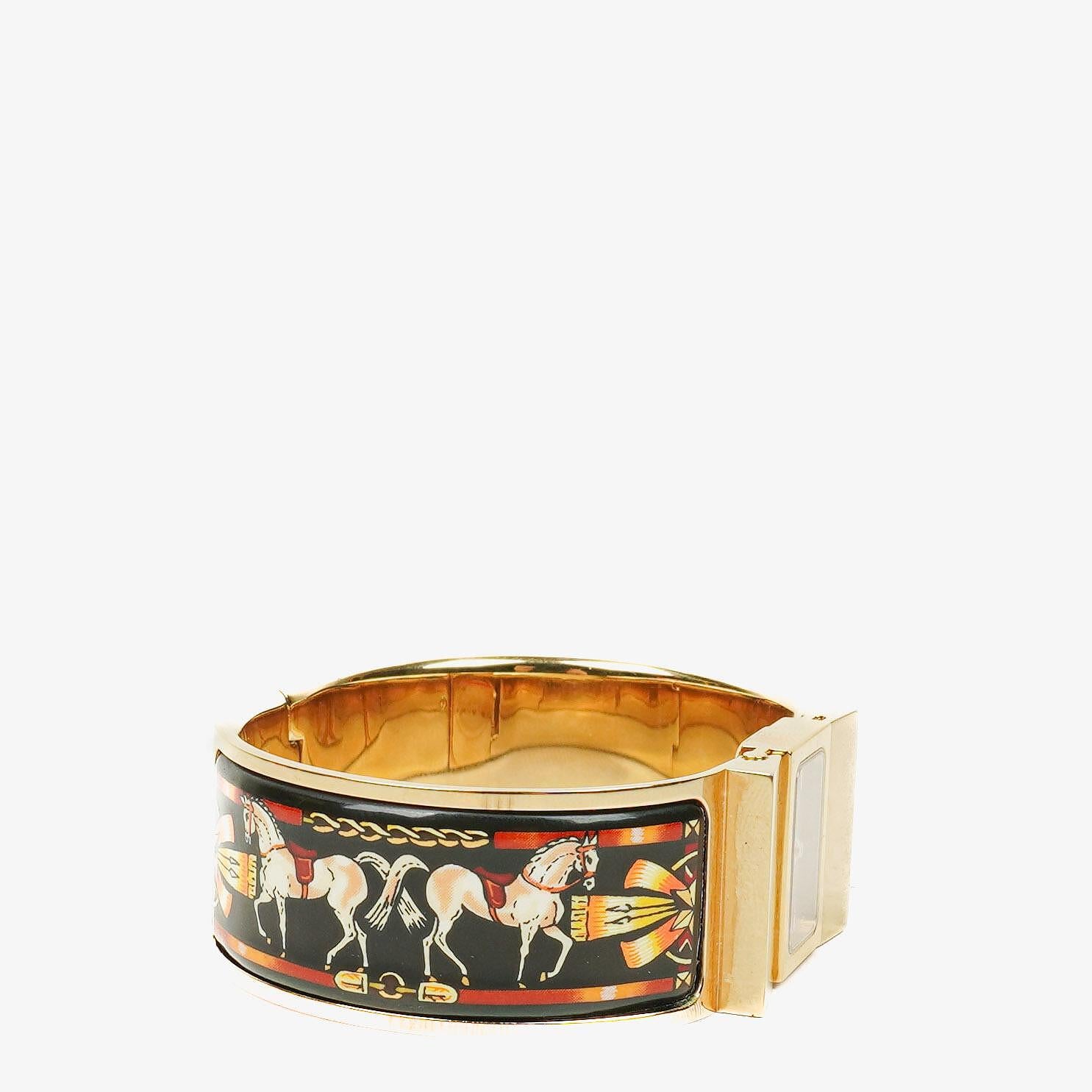 Hermes Black Equestrian Enamel and Gold Plated Loquet Bangle Quartz Watch L01.201
