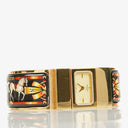Hermes Black Equestrian Enamel and Gold Plated Loquet Bangle Quartz Watch L01.201