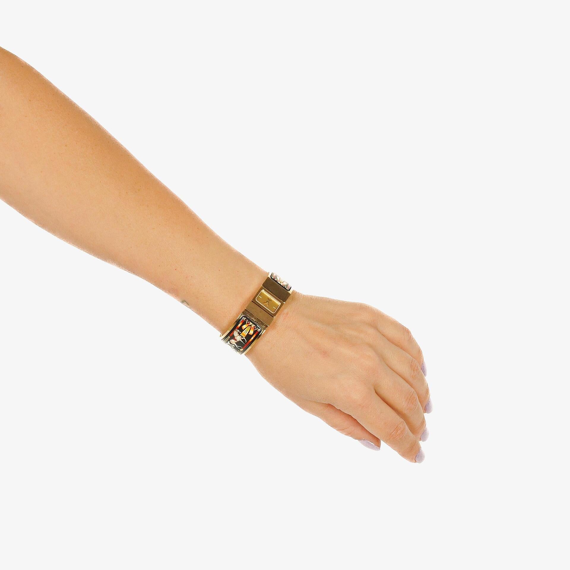Hermes Black Equestrian Enamel and Gold Plated Loquet Bangle Quartz Watch L01.201