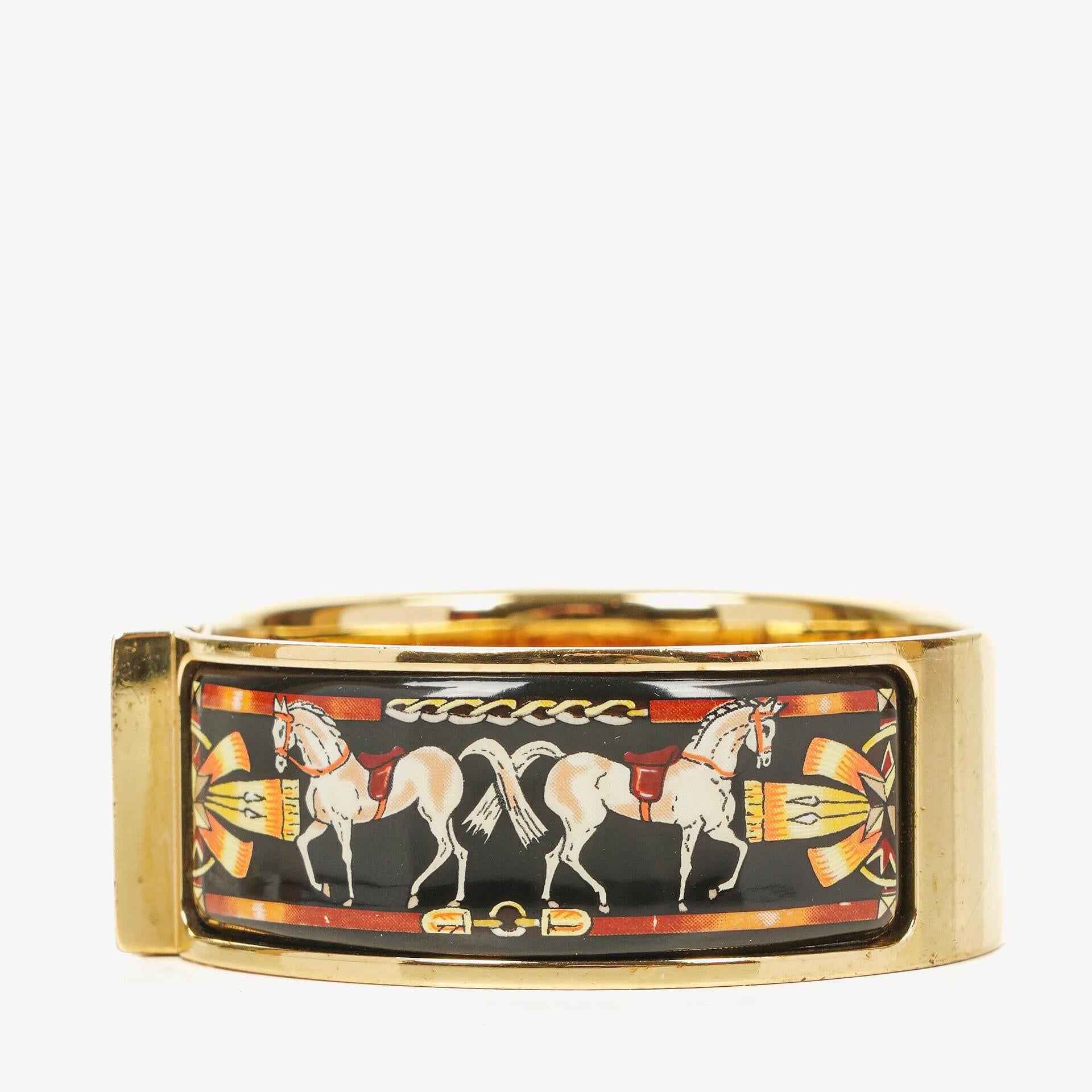 Hermes Black Equestrian Enamel and Gold Plated Loquet Bangle Quartz Watch L01.201