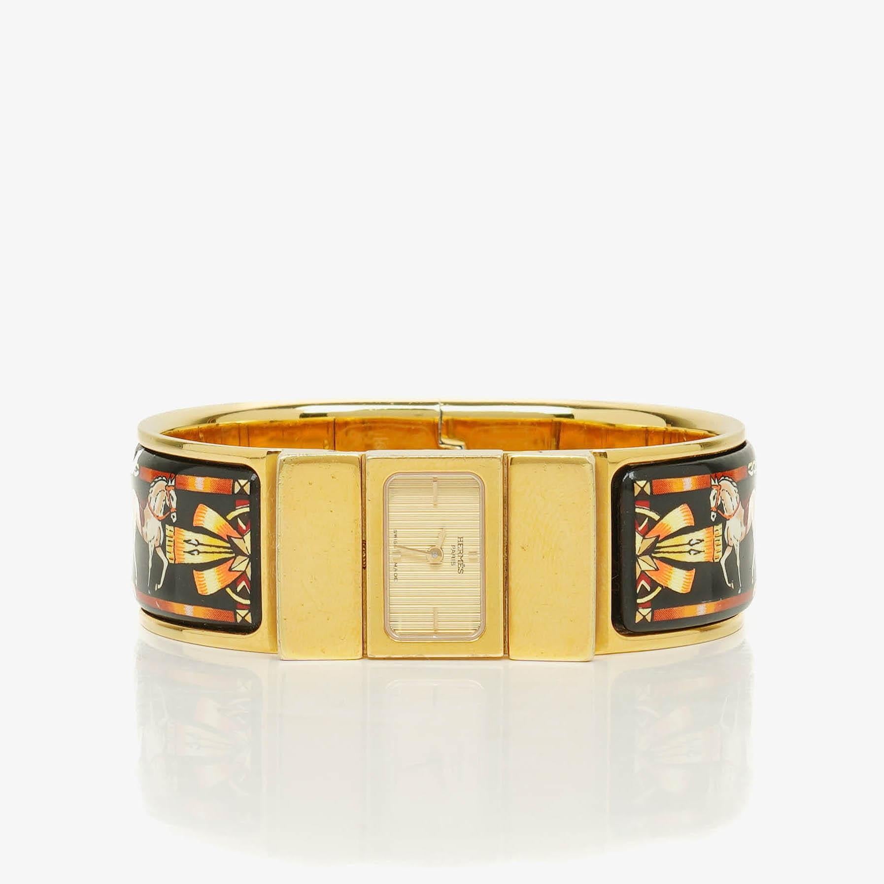 Hermes Black Equestrian Enamel and Gold Plated Loquet Bangle Quartz Watch L01.201