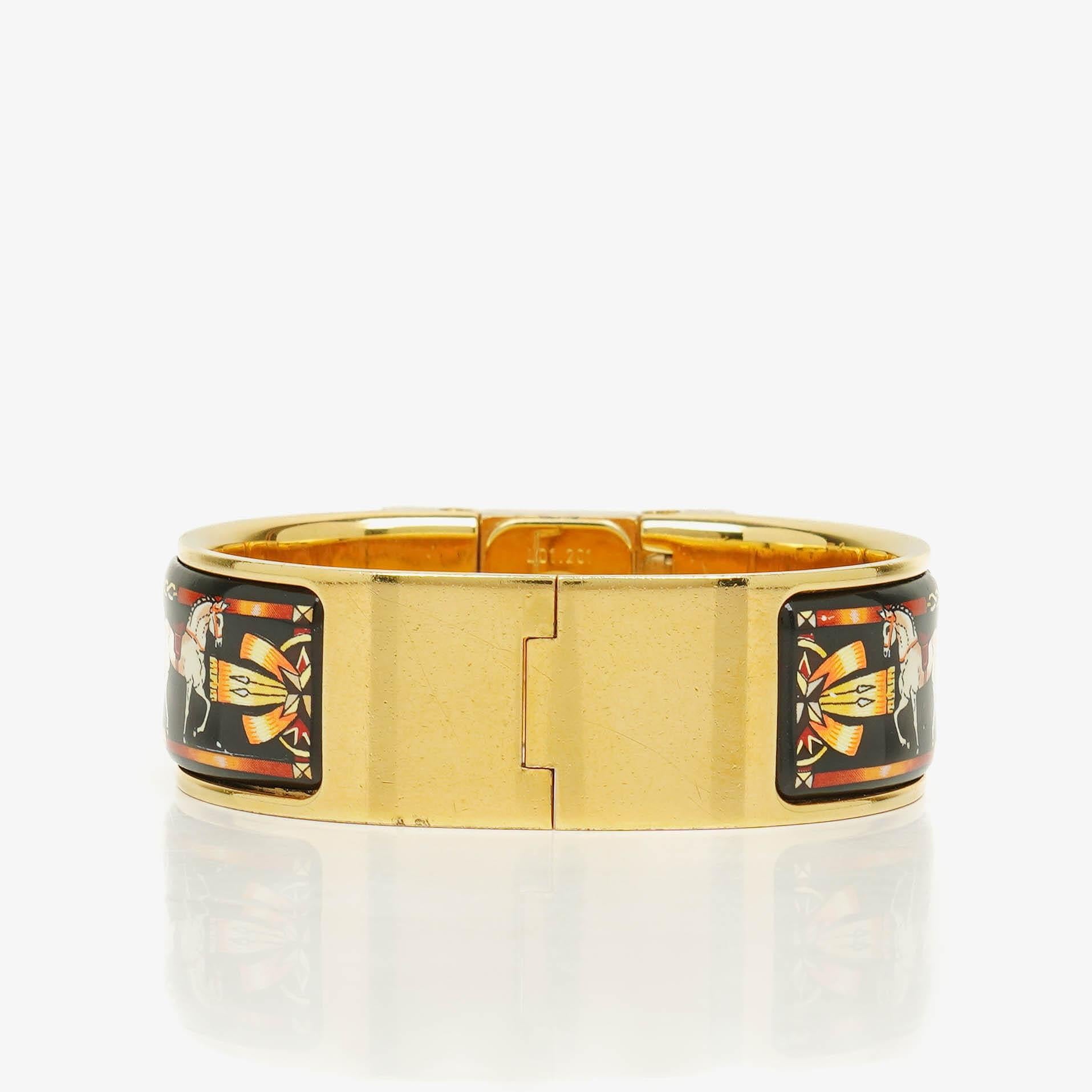Hermes Black Equestrian Enamel and Gold Plated Loquet Bangle Quartz Watch L01.201