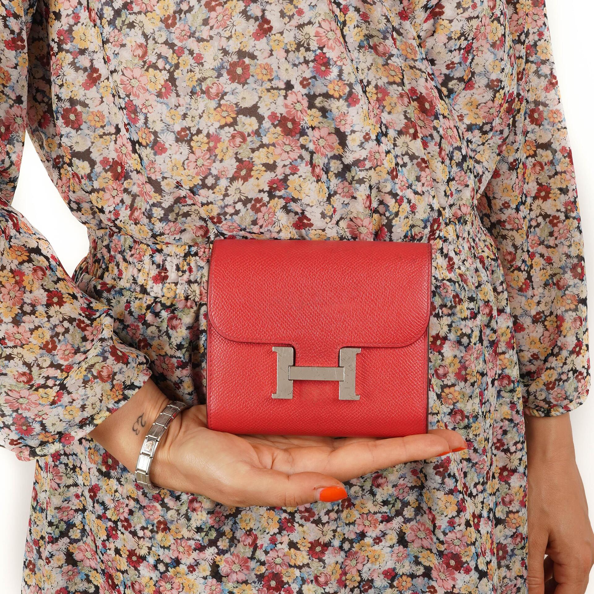 Hermes Constance Compact Wallet Rouge Casaque Epsom With Palladium Hardware