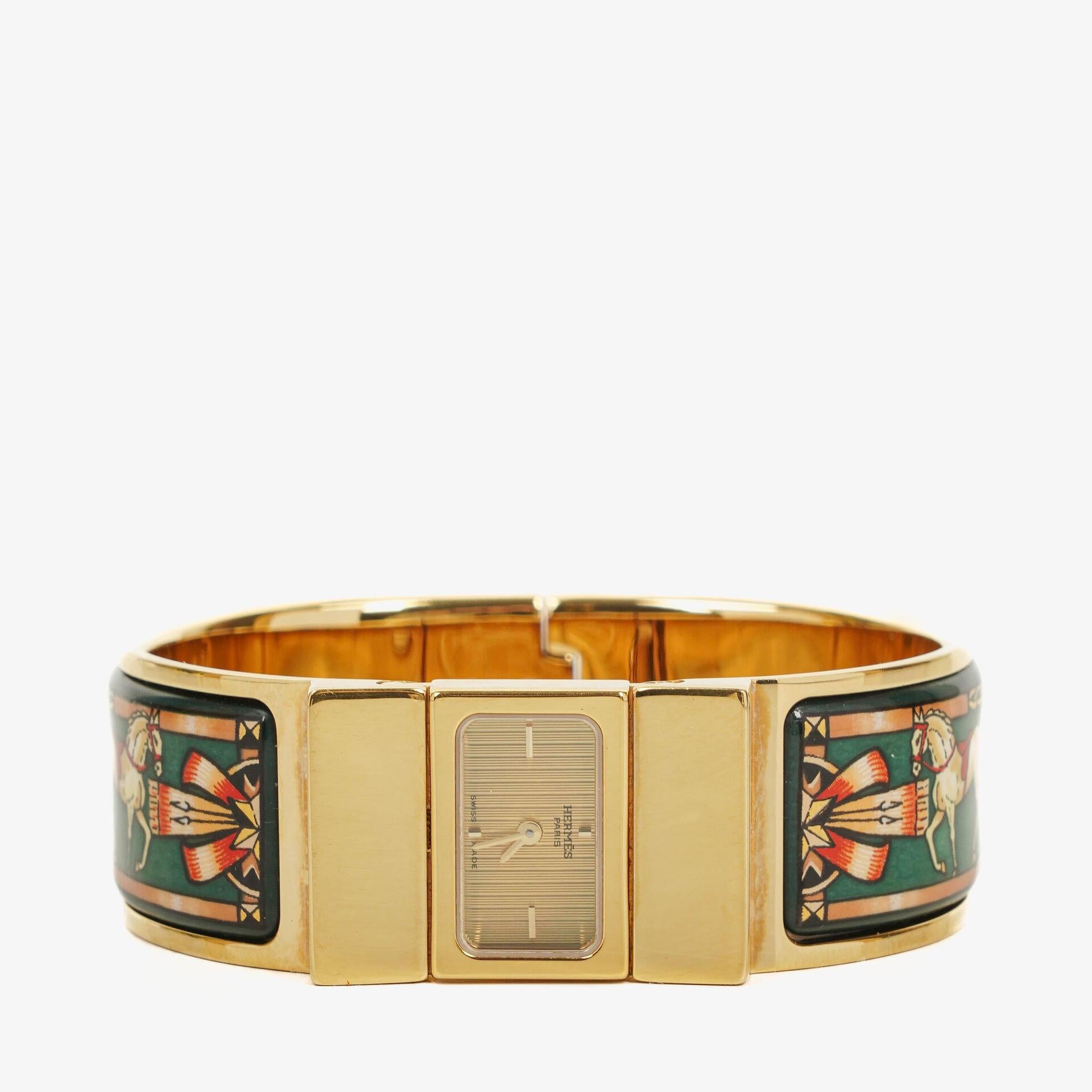 Hermes Green Equestrian Enamel and Gold Plated Loquet Bangle Quartz Watch L01.100