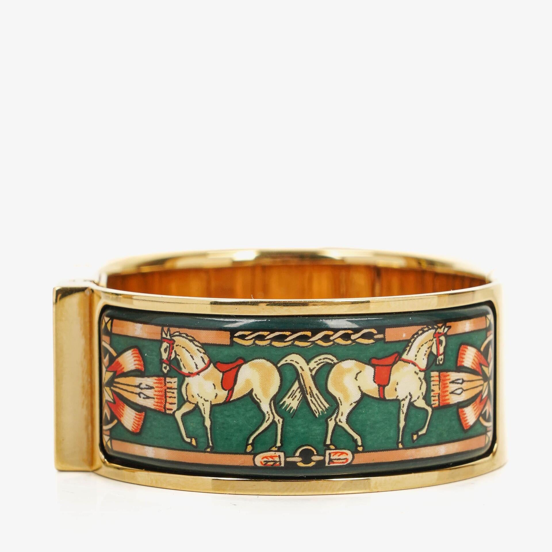 Hermes Green Equestrian Enamel and Gold Plated Loquet Bangle Quartz Watch L01.100