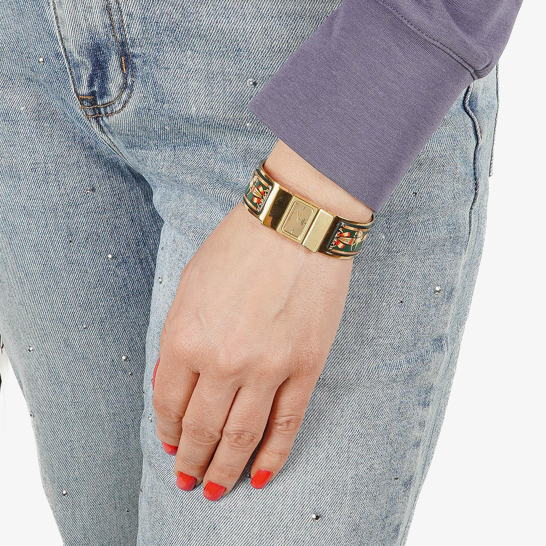 Hermes Green Equestrian Enamel and Gold Plated Loquet Bangle Quartz Watch L01.100