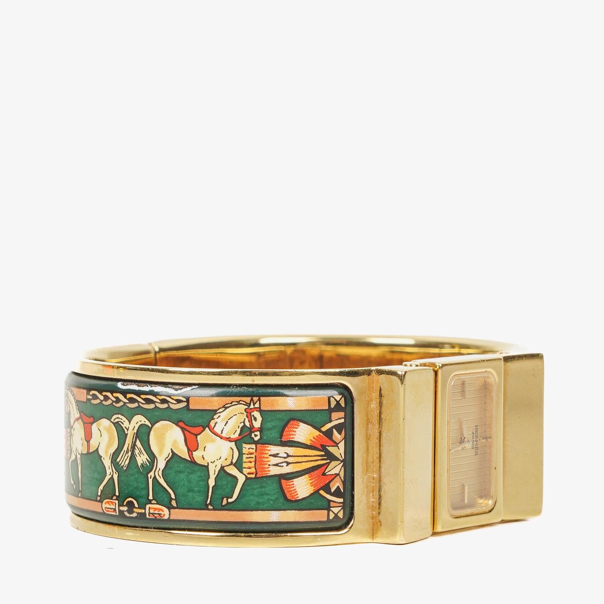 Hermes Green Equestrian Enamel and Gold Plated Loquet Bangle Quartz Watch L01.100