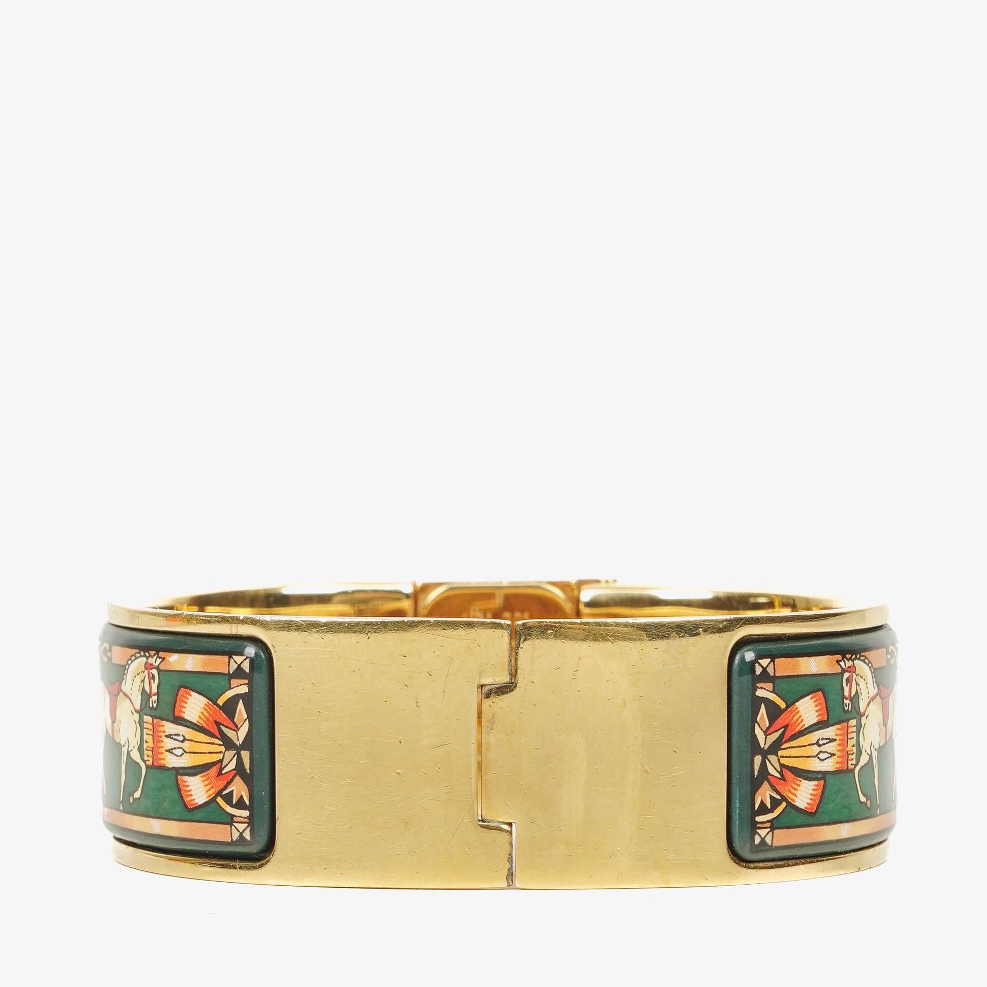 Hermes Green Equestrian Enamel and Gold Plated Loquet Bangle Quartz Watch L01.100