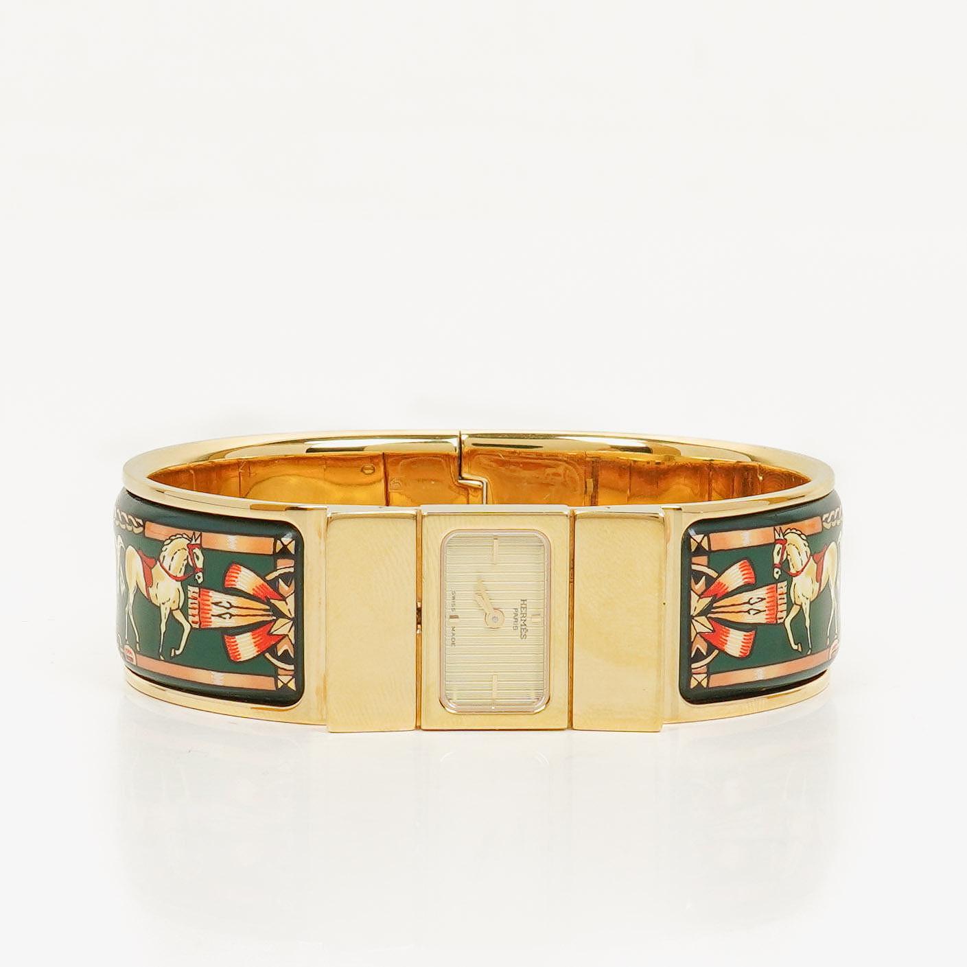 Hermes Green Equestrian Enamel and Gold Plated Loquet Bangle Quartz Watch L01.201