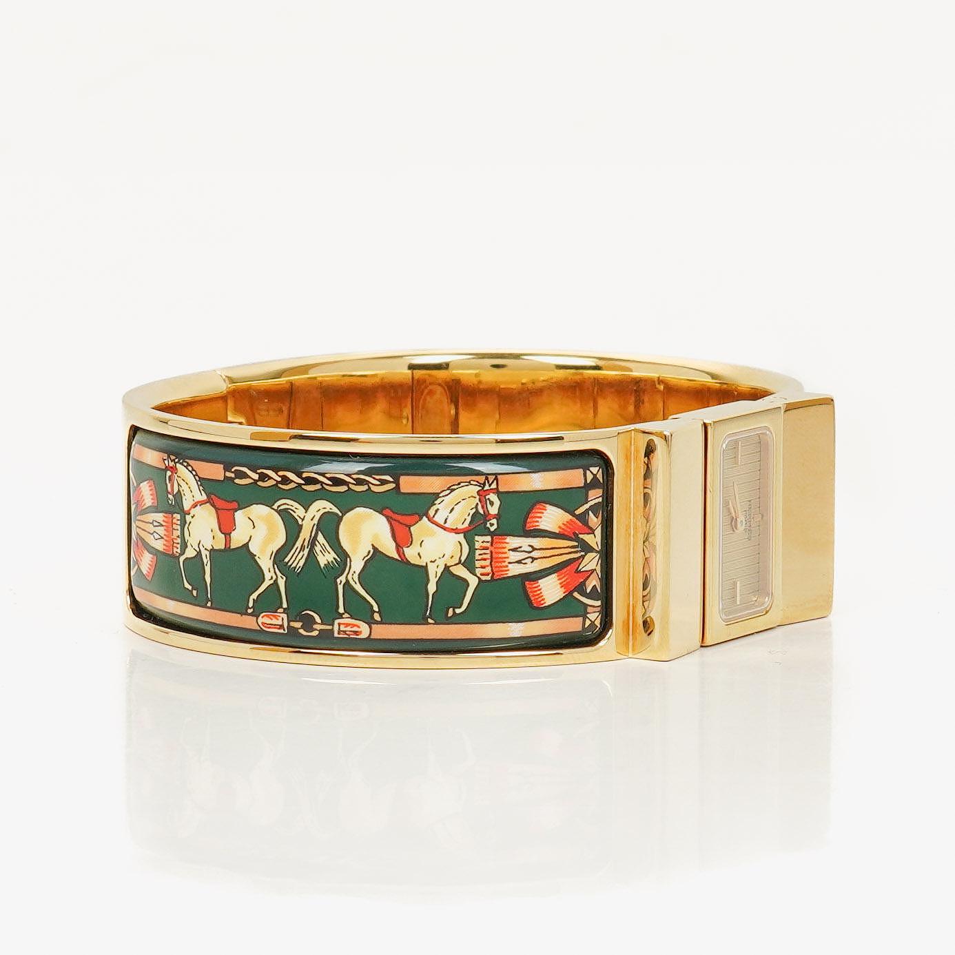 Hermes Green Equestrian Enamel and Gold Plated Loquet Bangle Quartz Watch L01.201