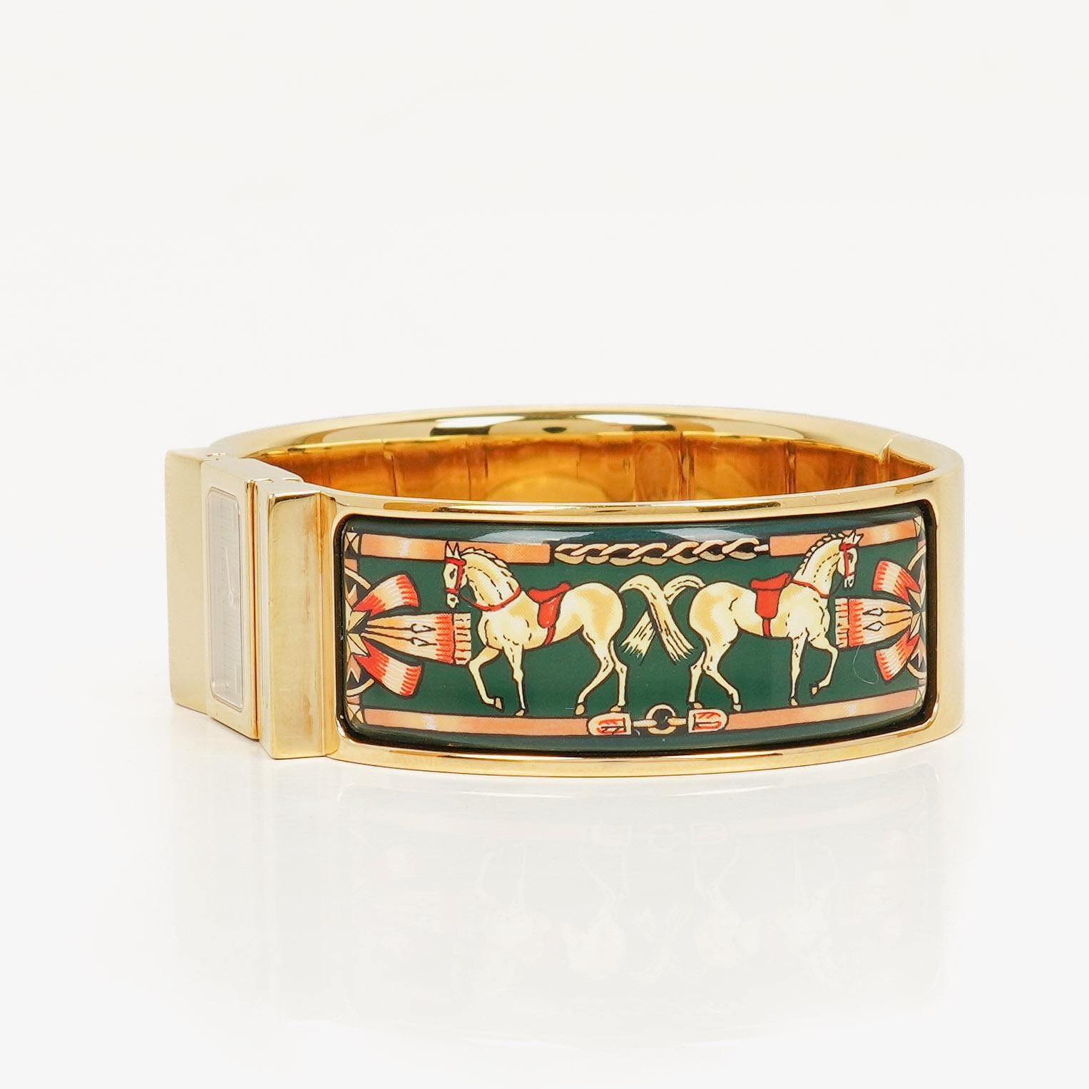 Hermes Green Equestrian Enamel and Gold Plated Loquet Bangle Quartz Watch L01.201