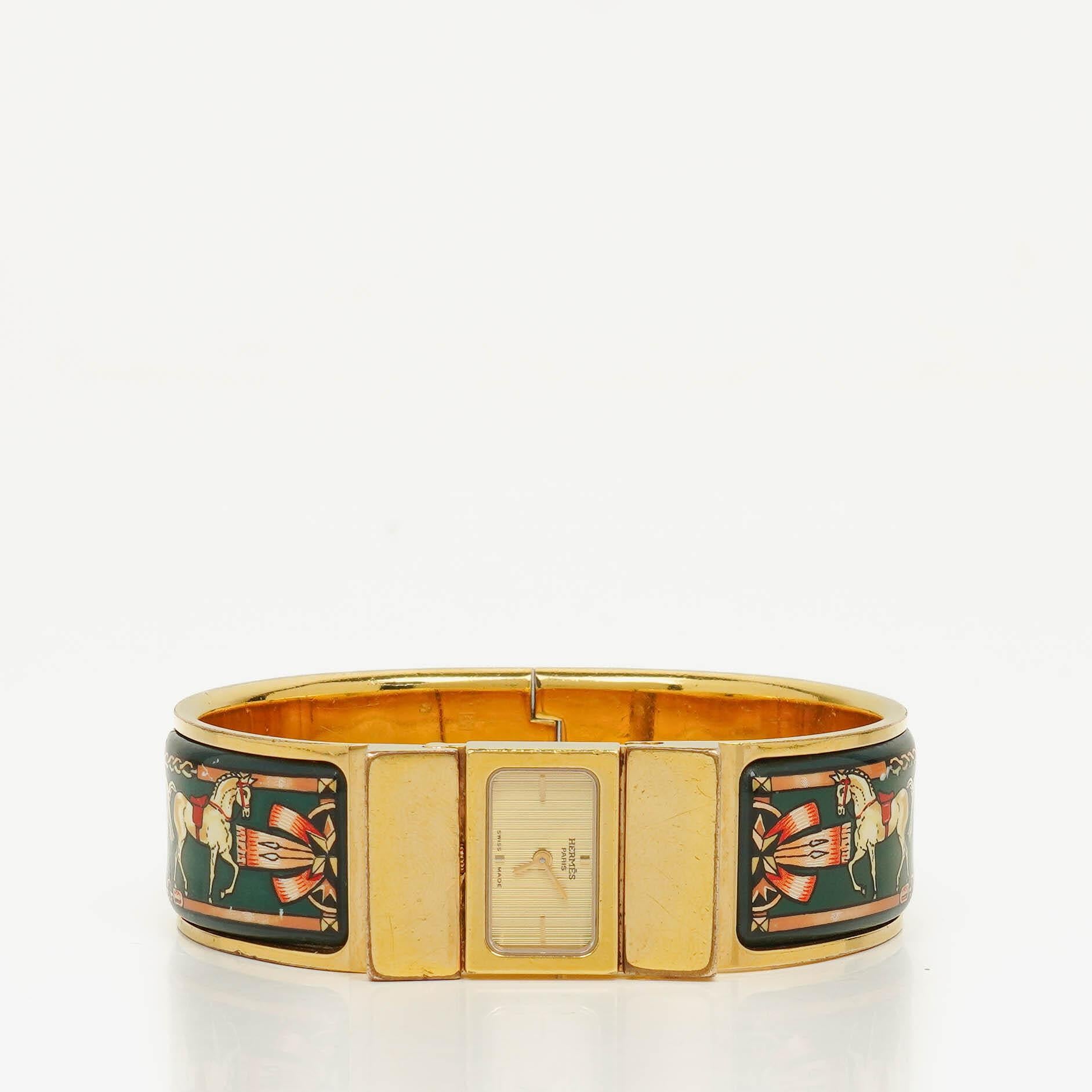 Hermes Green Equestrian Enamel and Gold Plated Loquet Bangle Quartz Watch L01.201