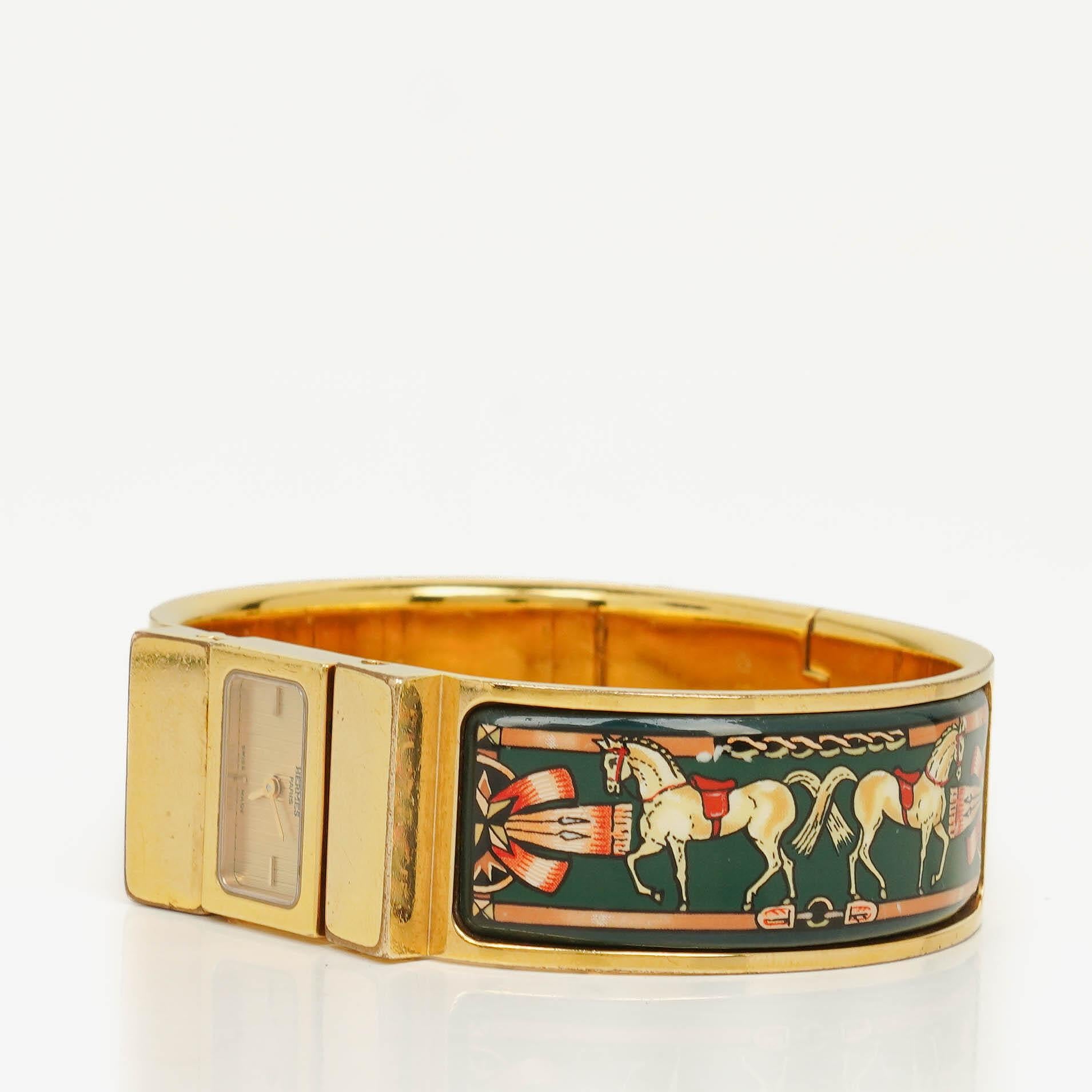 Hermes Green Equestrian Enamel and Gold Plated Loquet Bangle Quartz Watch L01.201
