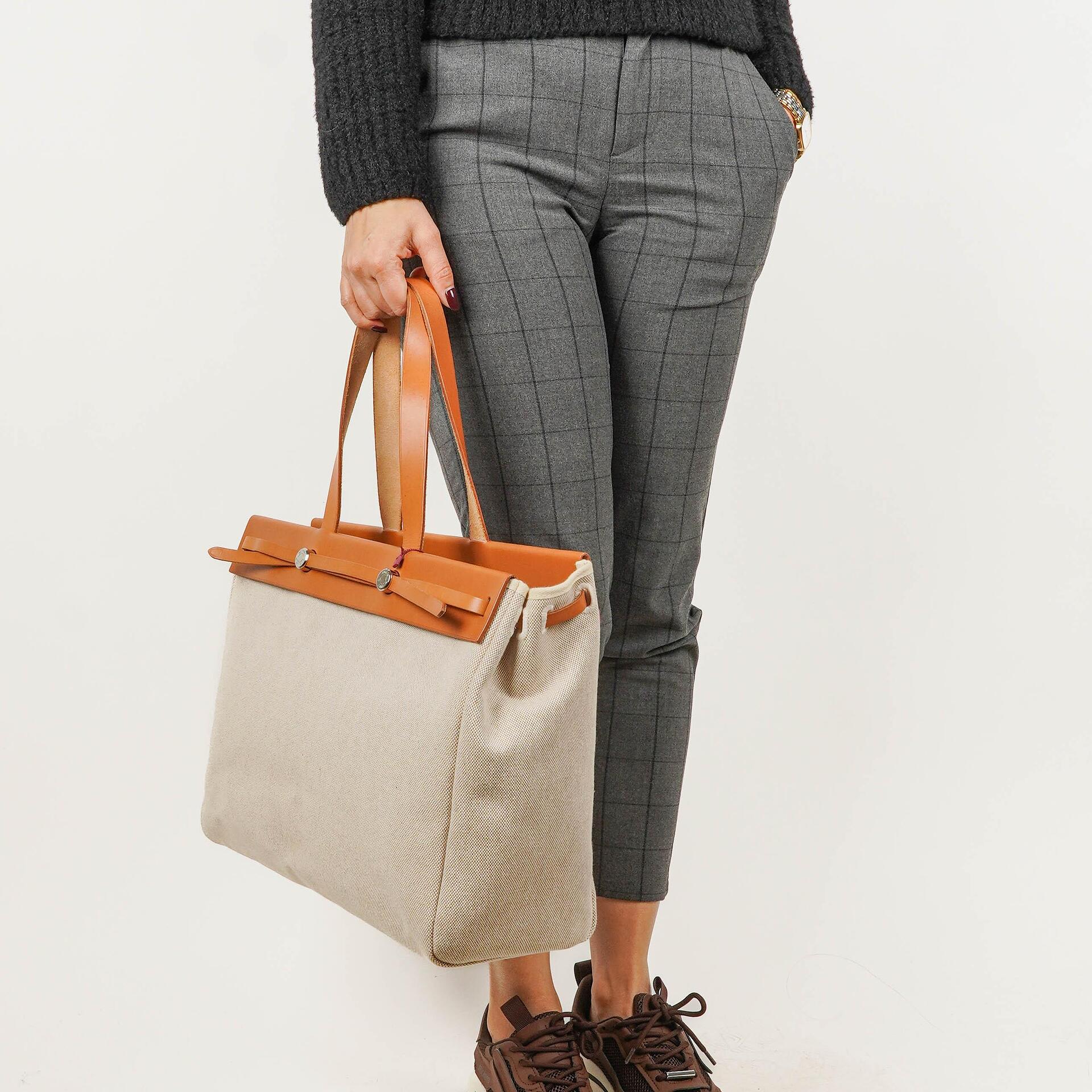 Hermes Herbag Cabas Canvas Vache Hunter MM 2 In 1 Bag