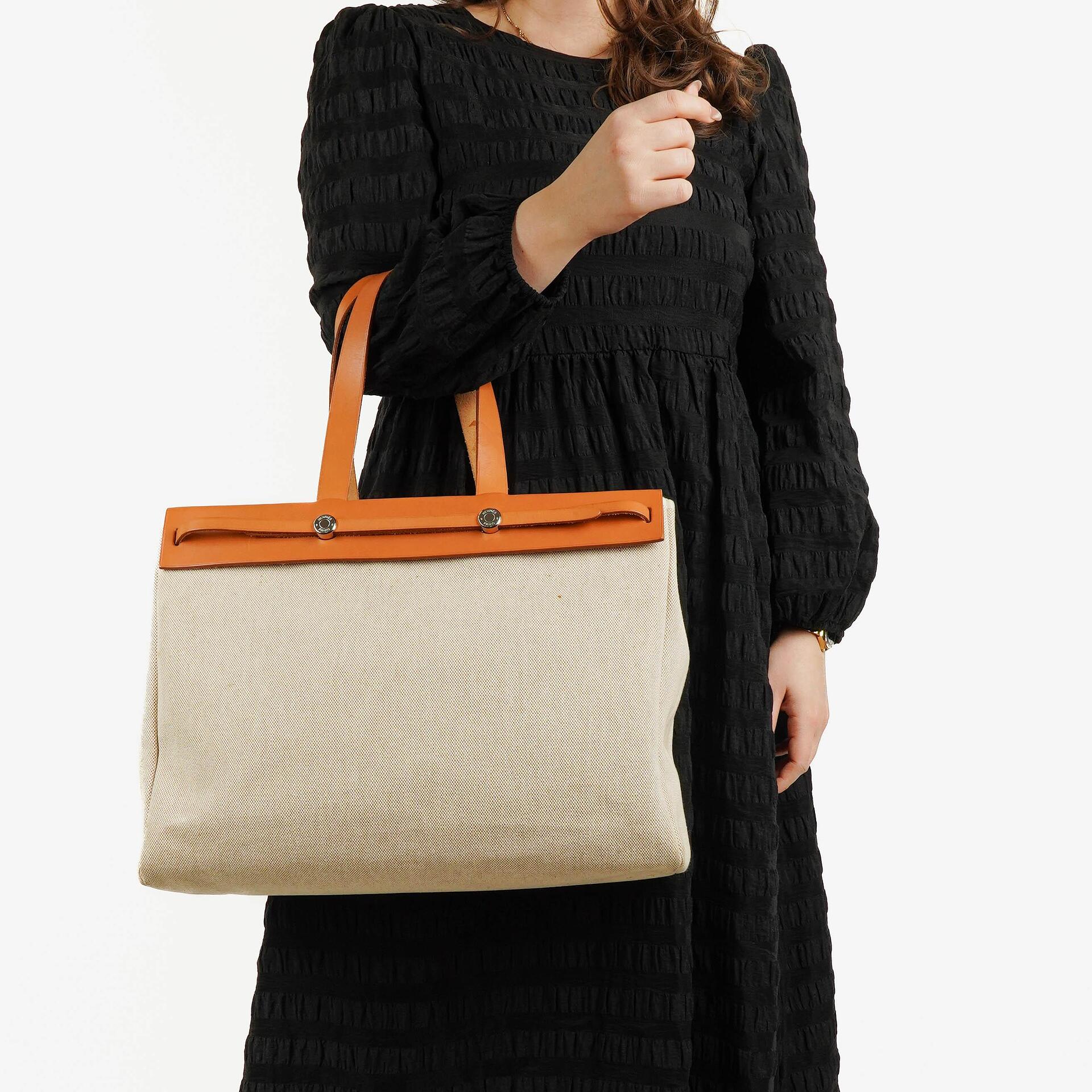 Hermes Herbag Cabas Canvas Vache Hunter MM 2 In 1 Bag
