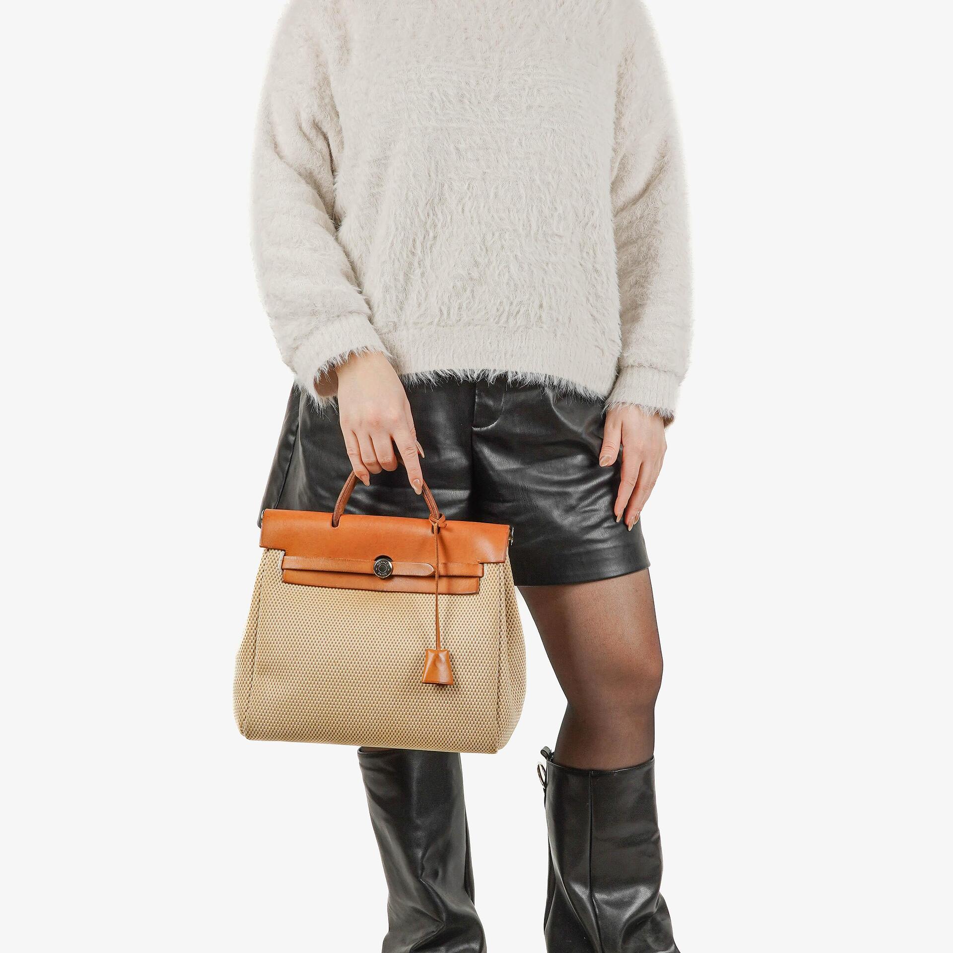Hermes Herbag PM Vache Hunter Criss Viking Ecru Beige Naturel 2 Way Backpack With Palladium Hardware
