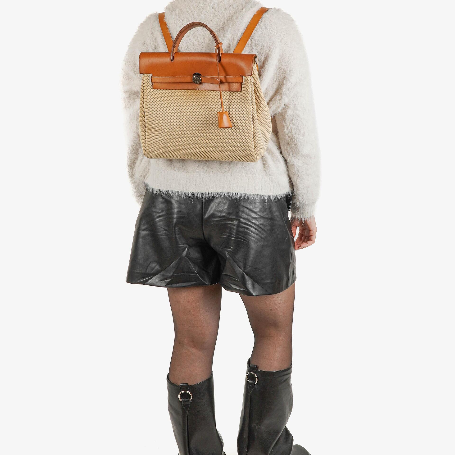 Hermes Herbag PM Vache Hunter Criss Viking Ecru Beige Naturel 2 Way Backpack With Palladium Hardware