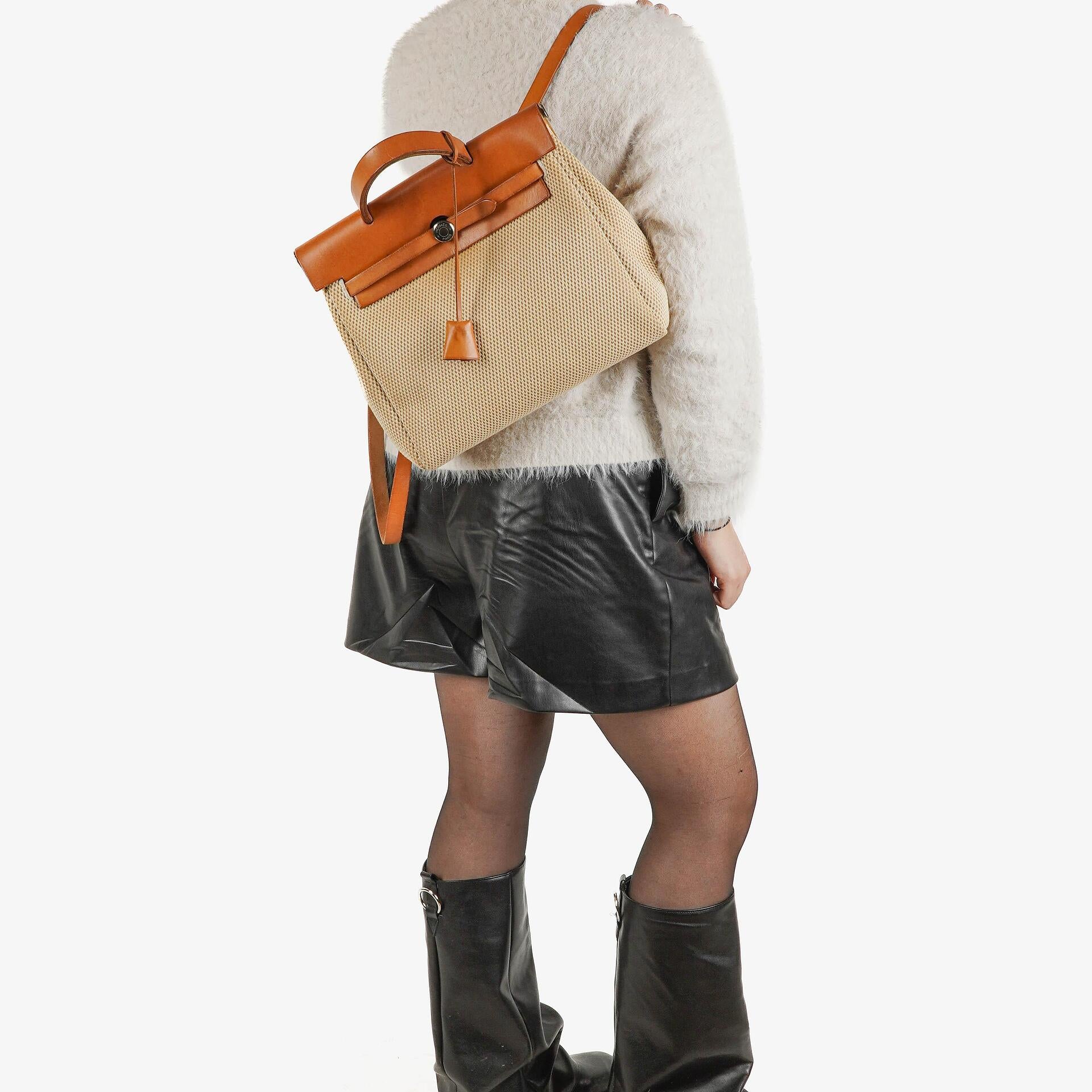 Hermes Herbag PM Vache Hunter Criss Viking Ecru Beige Naturel 2 Way Backpack With Palladium Hardware