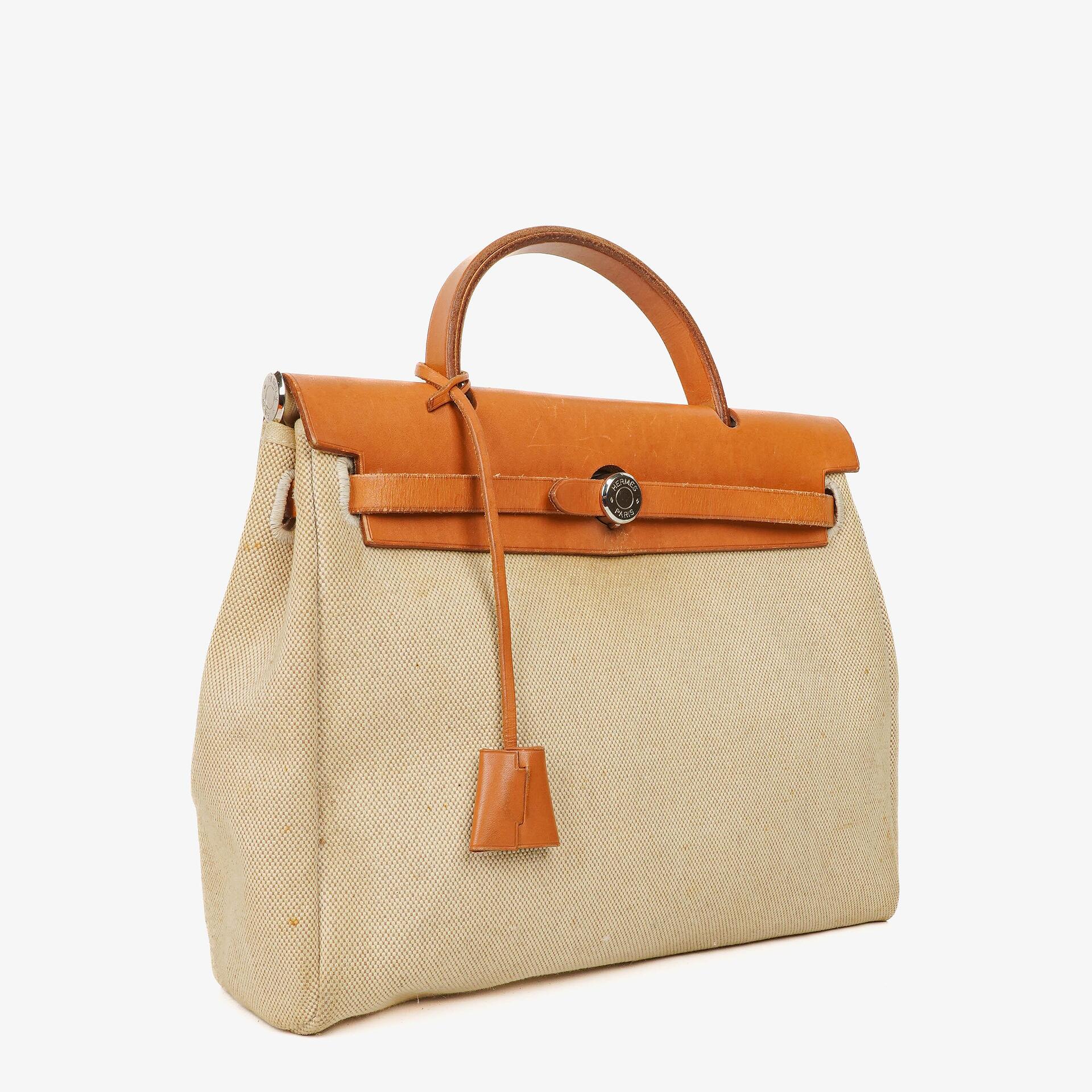 Hermes Herbag PM Vache Hunter Toile Canvas 30 Ecru Beige Naturel 2 Way Bag Palladium Hardware