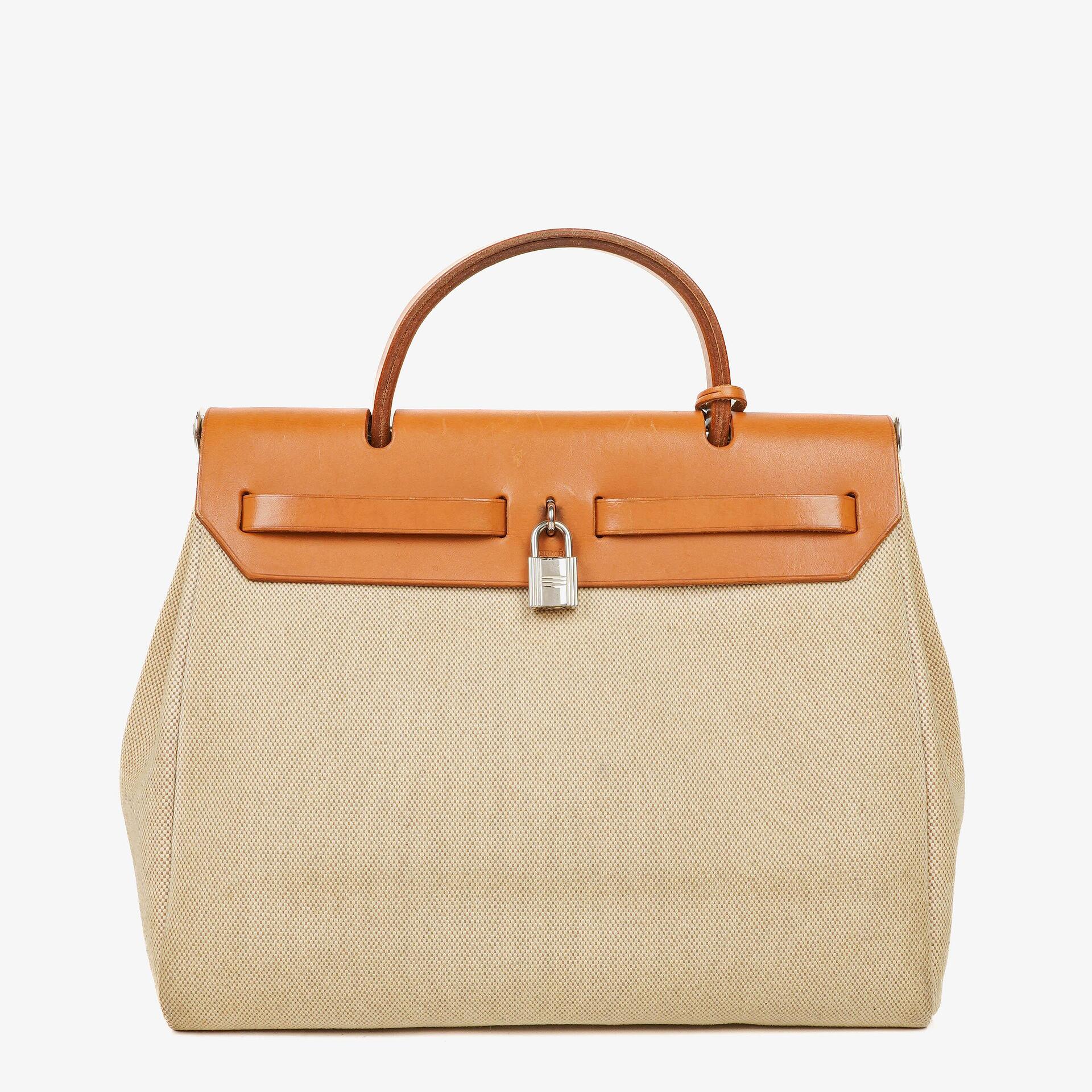 Hermes Herbag PM Vache Hunter Toile Canvas 30 Ecru Beige Naturel 2 Way Bag Palladium Hardware