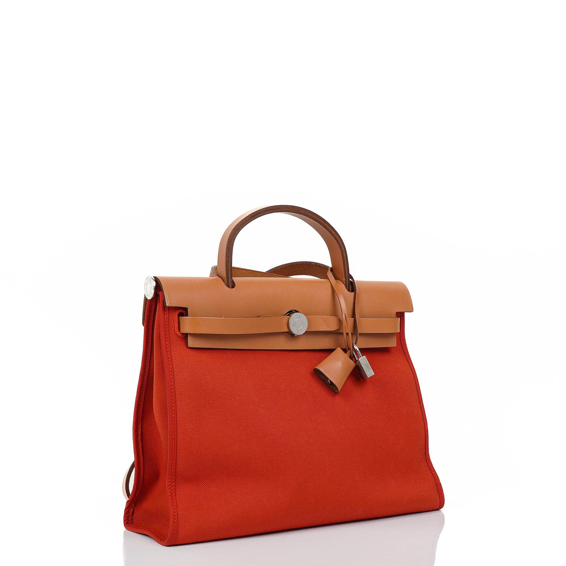 Hermes Herbag Zip 31 PM Fauve Vache Hunter Capucine Toile With Palladium Hardware