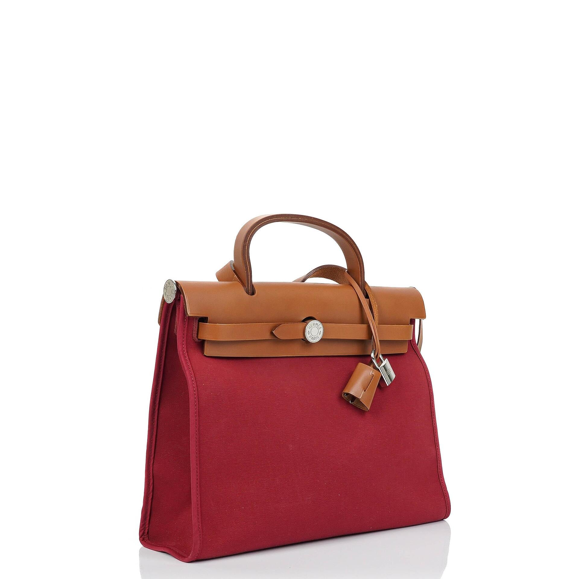 Hermes Herbag Zip 31 PM Fauve Vache Hunter Rubis Toile With Palladium Hardware