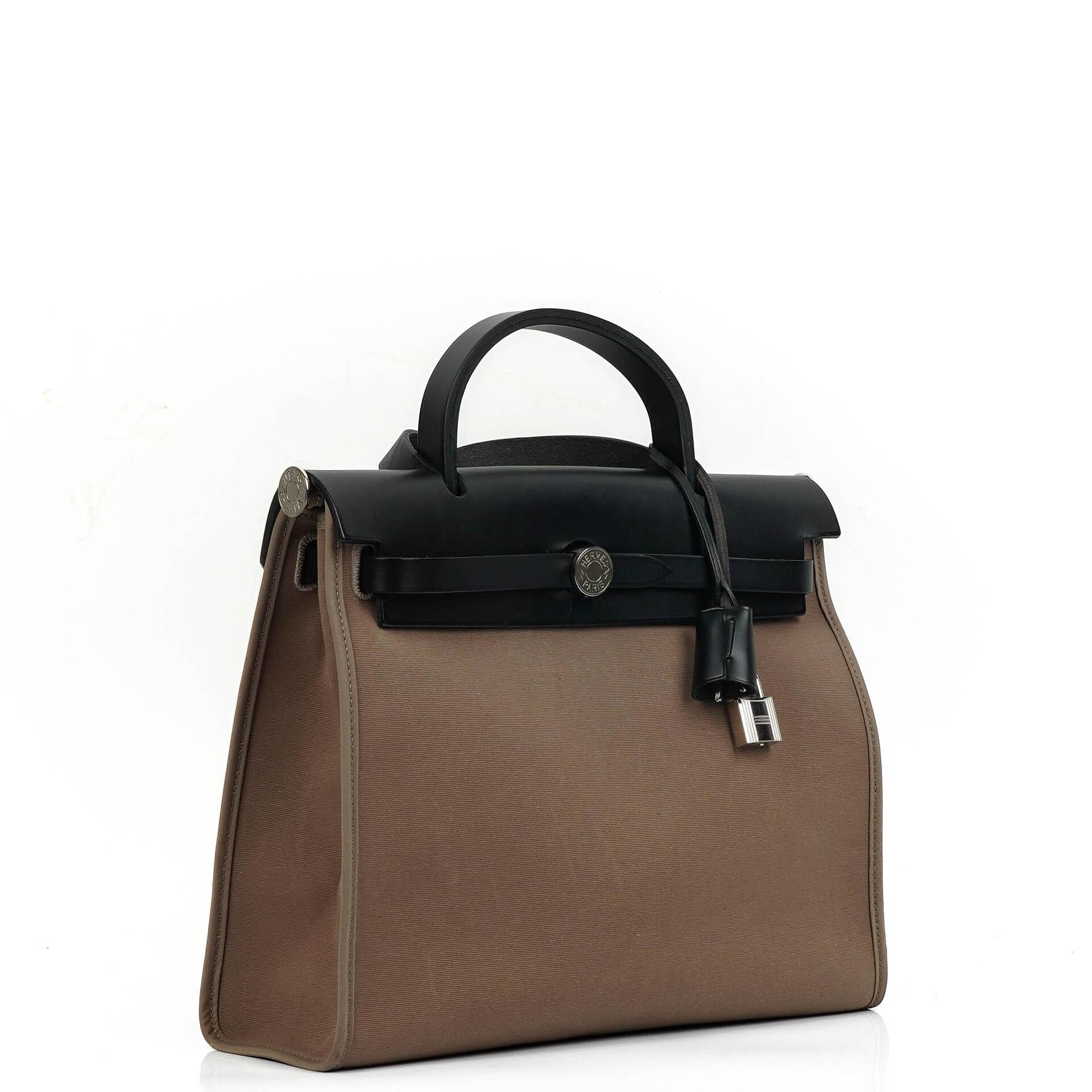 Hermes Herbag Zip 31 PM Noir Black Vache Hunter Etoupe Toile With Palladium Hardware