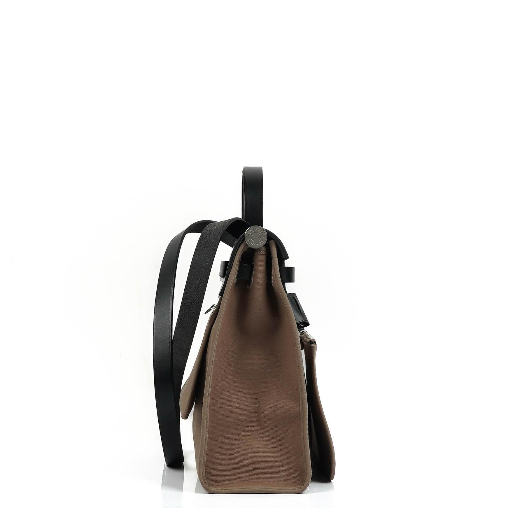 Hermes Herbag Zip 31 PM Noir Black Vache Hunter Etoupe Toile With Palladium Hardware