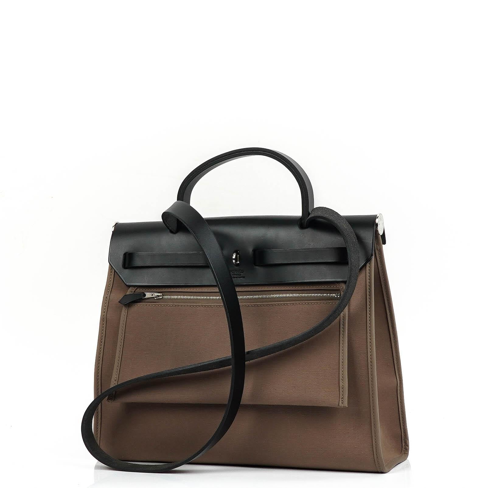 Hermes Herbag Zip 31 PM Noir Black Vache Hunter Etoupe Toile With Palladium Hardware