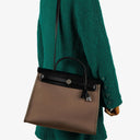 Hermes Herbag Zip 31 PM Noir Black Vache Hunter Etoupe Toile With Palladium Hardware