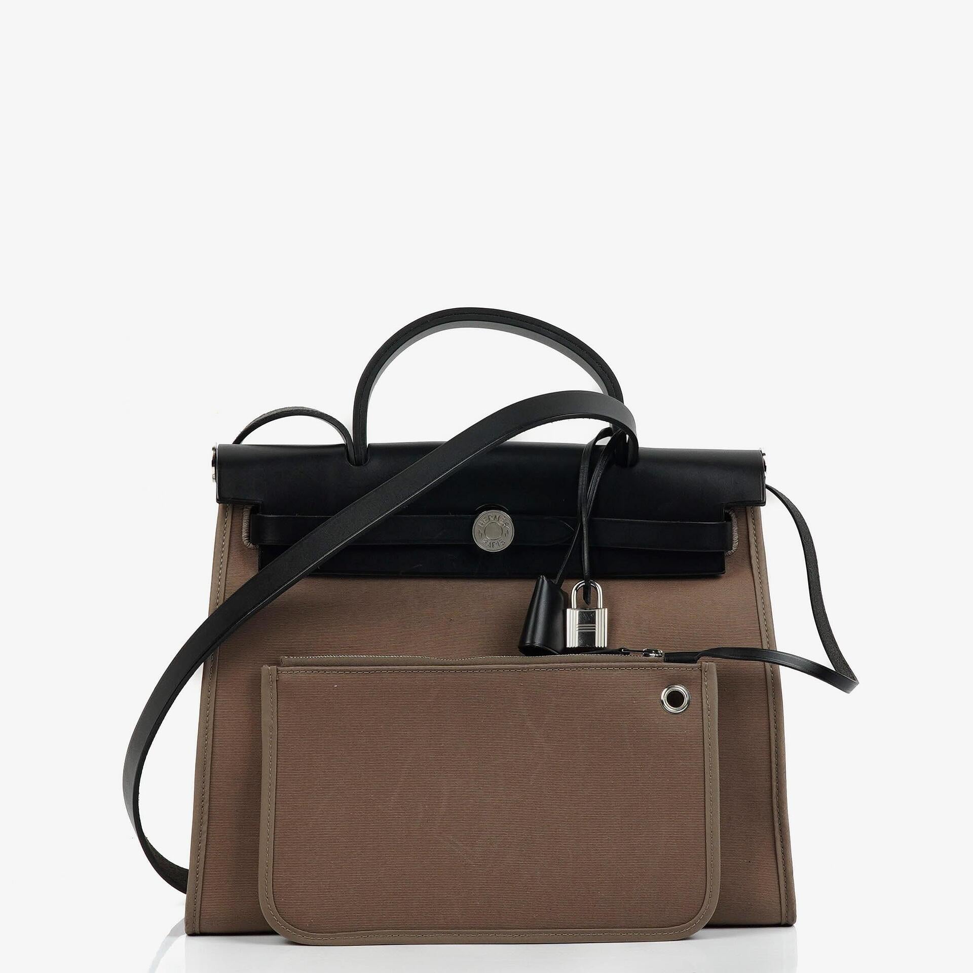 Hermes Herbag Zip 31 PM Noir Black Vache Hunter Etoupe Toile With Palladium Hardware