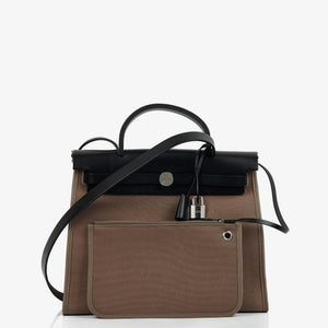 Hermes Herbag Zip 31 PM Noir Black Vache Hunter Etoupe Toile With Palladium Hardware