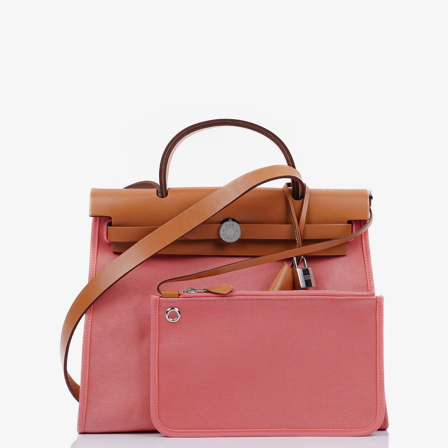Hermes Herbag Zip 31 PM Vache Hunter Naturel Rose Azalee Toile With Palladium Hardware