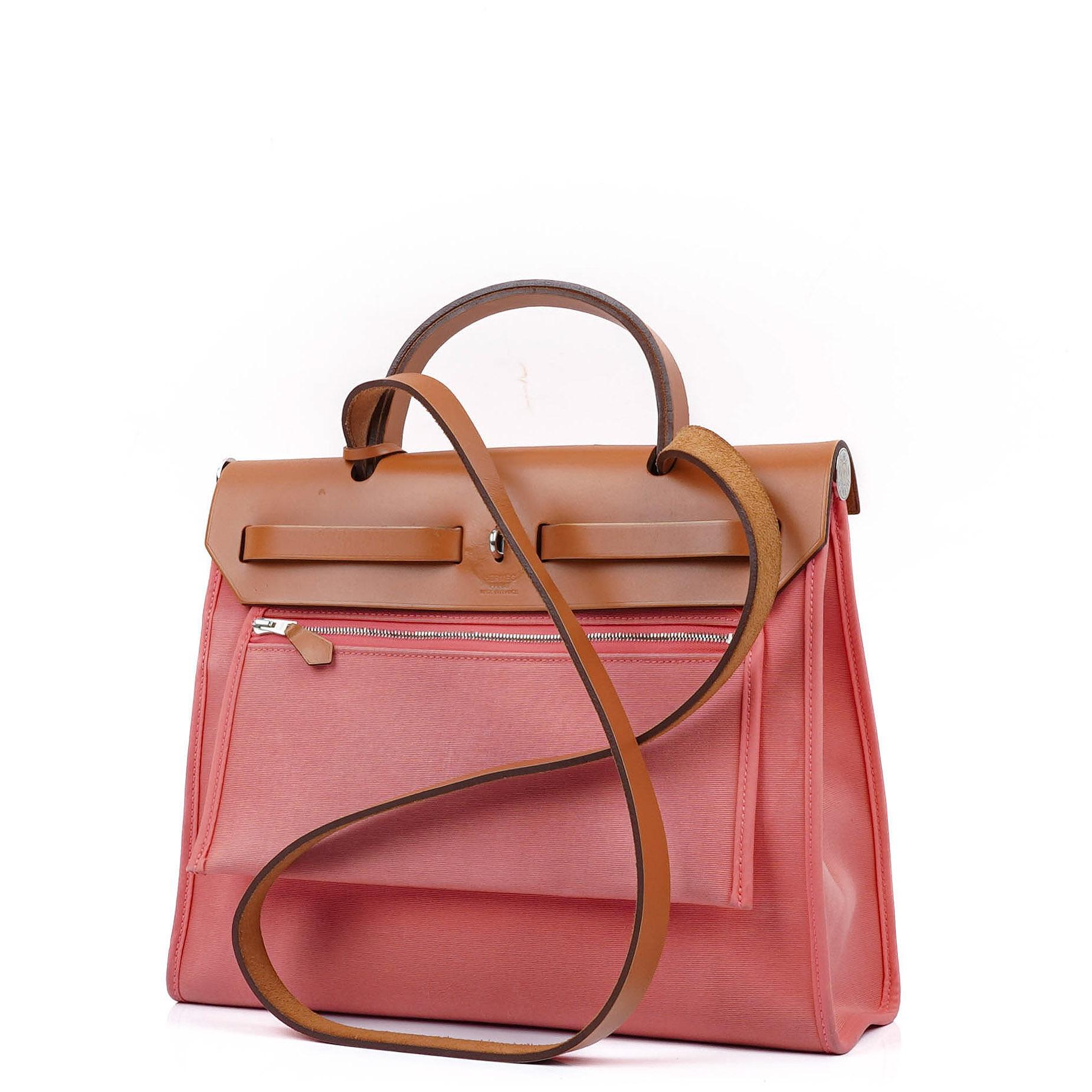 Hermes Herbag Zip 31 PM Vache Hunter Naturel Rose Azalee Toile With Palladium Hardware