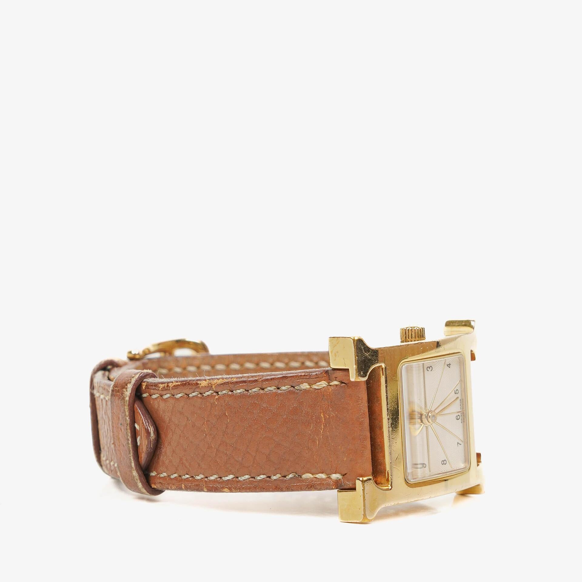 Hermes Heure H PM 21mm Gold Plated and Brown Leather Quartz Watch HH1.210