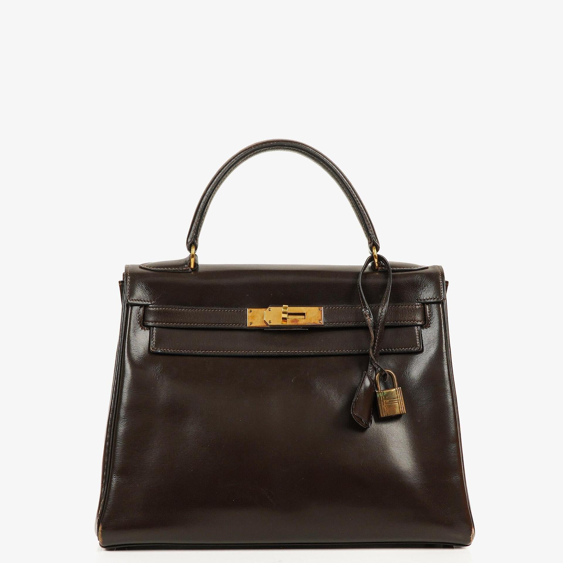 Hermes Kelly 28 Retourne Vintage Chocolate Box Calf With Gold Hardware, 1965