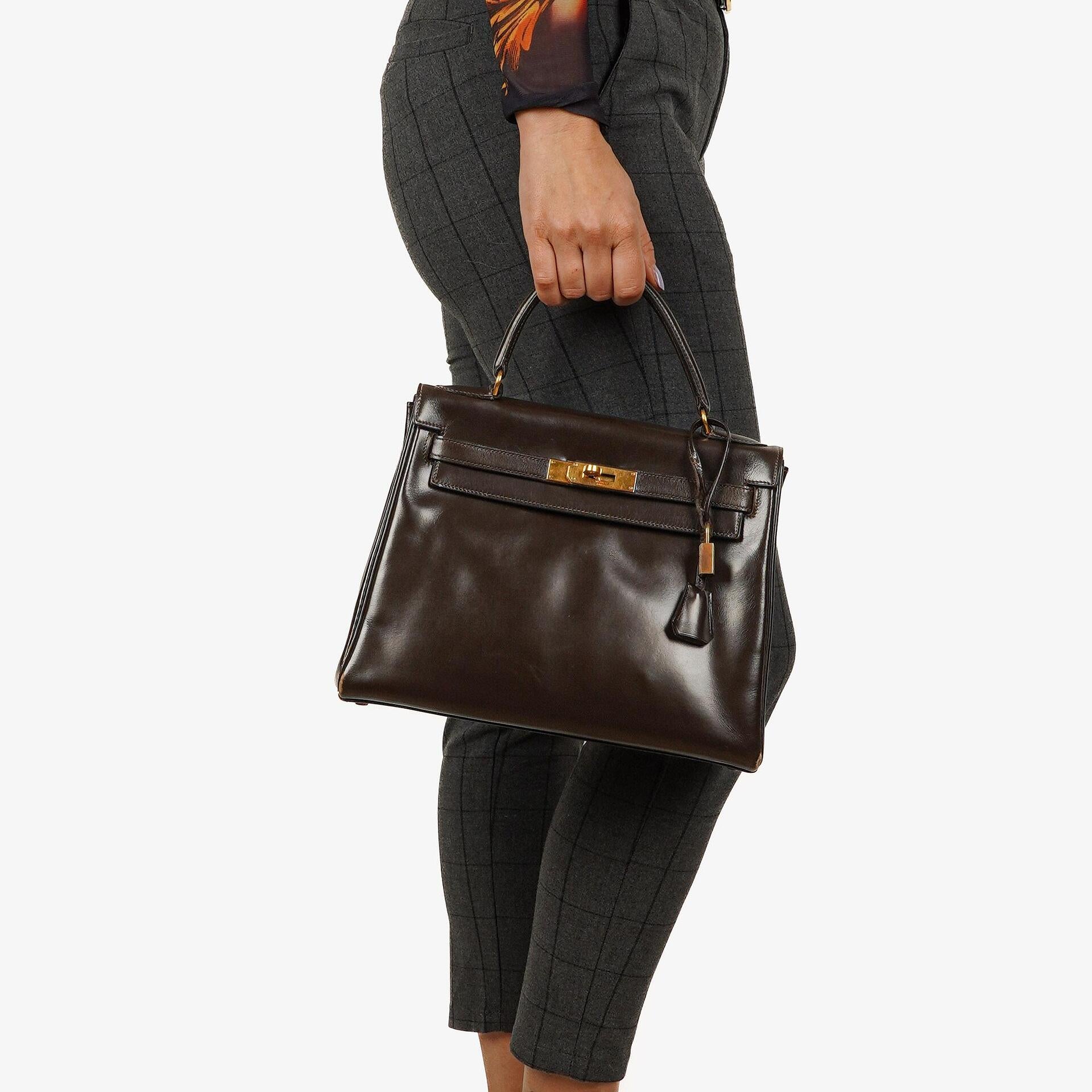 Hermes Kelly 28 Retourne Vintage Chocolate Box Calf With Gold Hardware, 1965