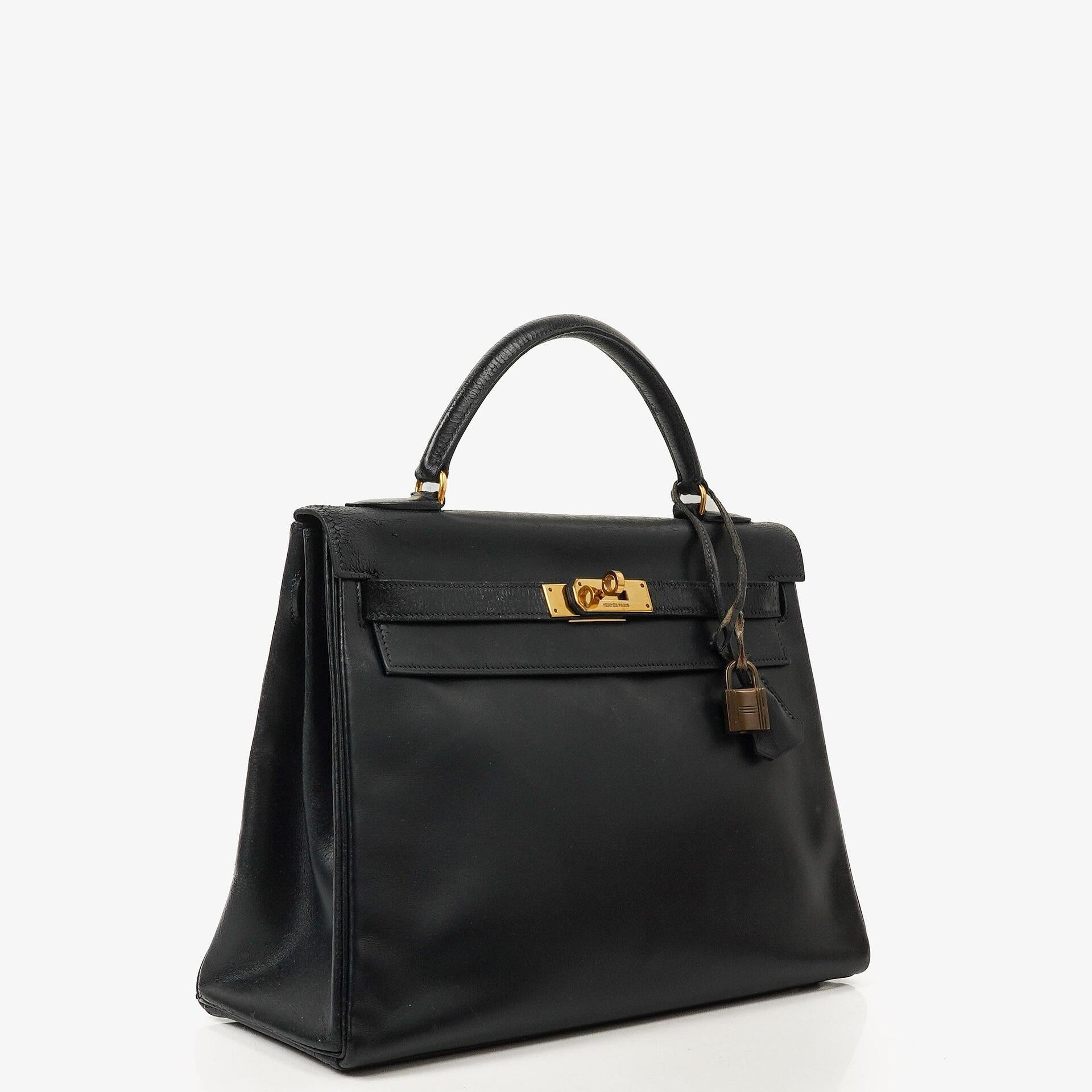 Hermes Kelly 32 Retourne Vintage Navy Box Calf With Gold Hardware, 1978