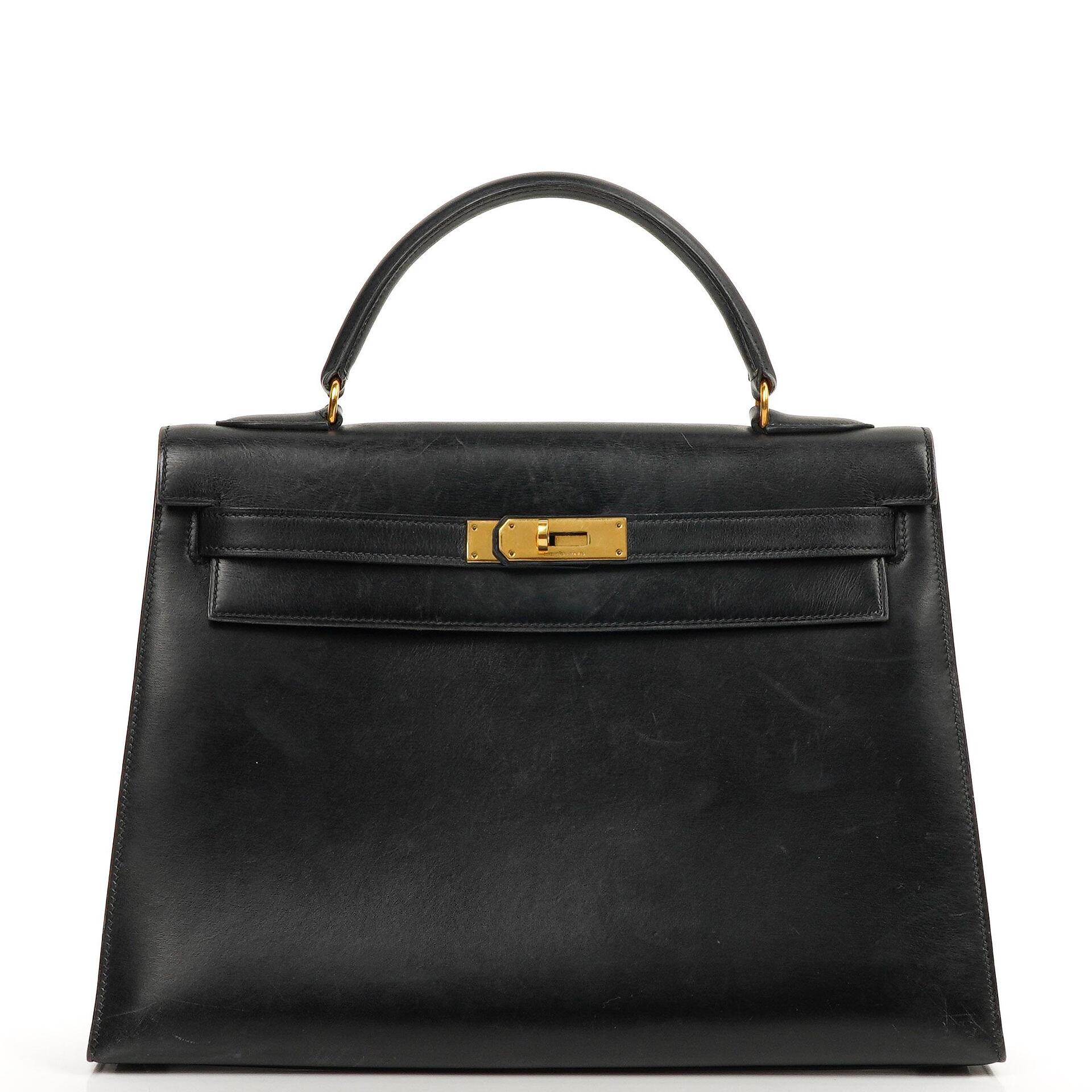 Hermes Kelly 32 Sellier Black Box Calf Gold Hardware, 1979