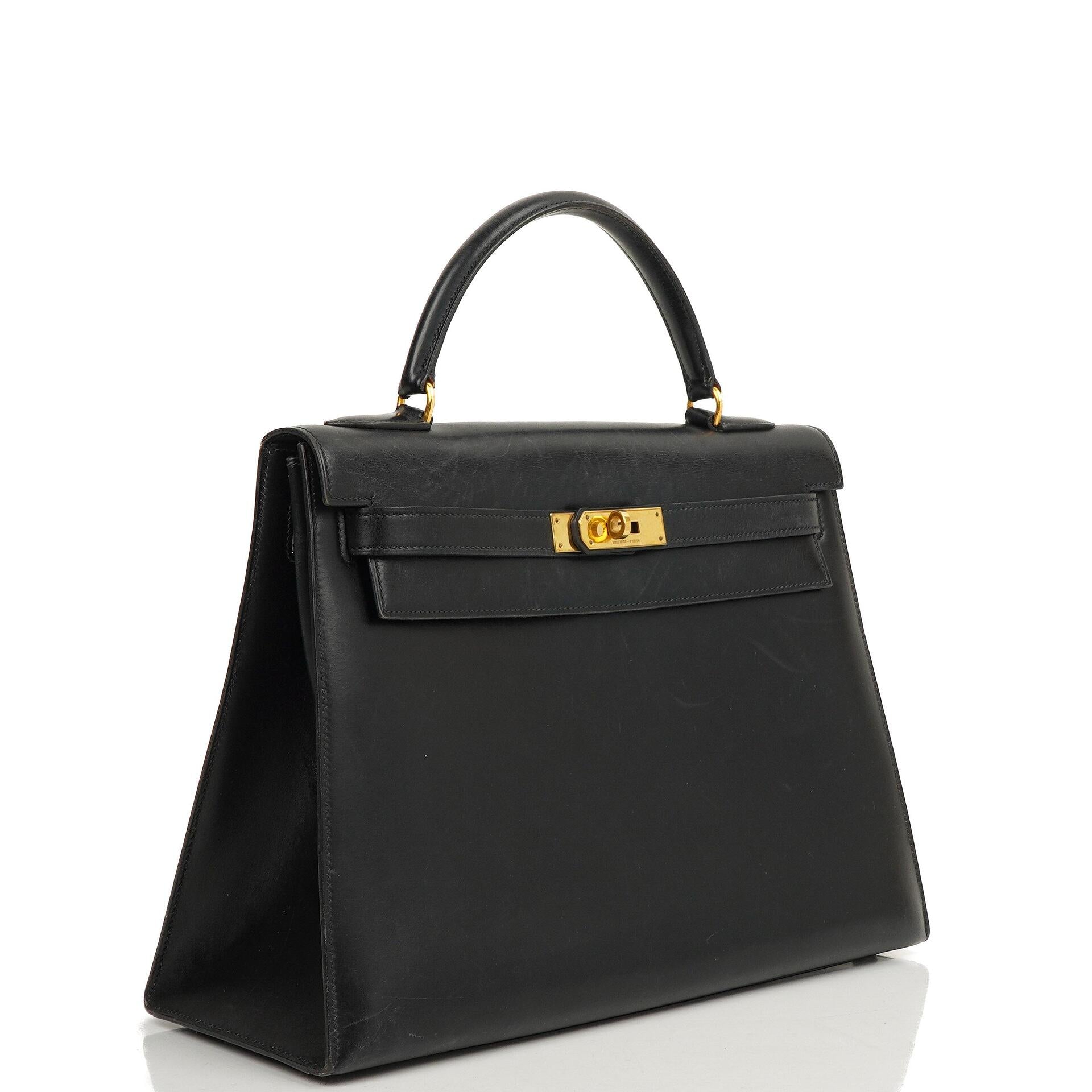 Hermes Kelly 32 Sellier Black Box Calf Gold Hardware, 1979