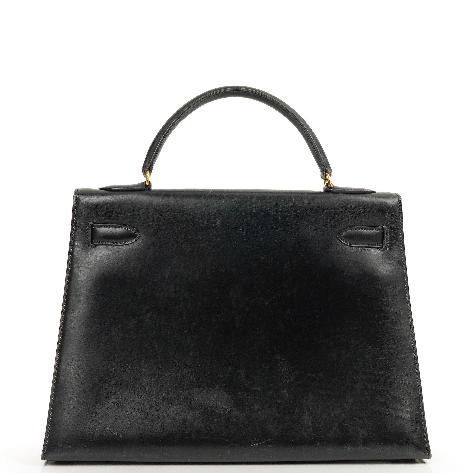 Hermes Kelly 32 Sellier Black Box Calf Gold Hardware, 1979