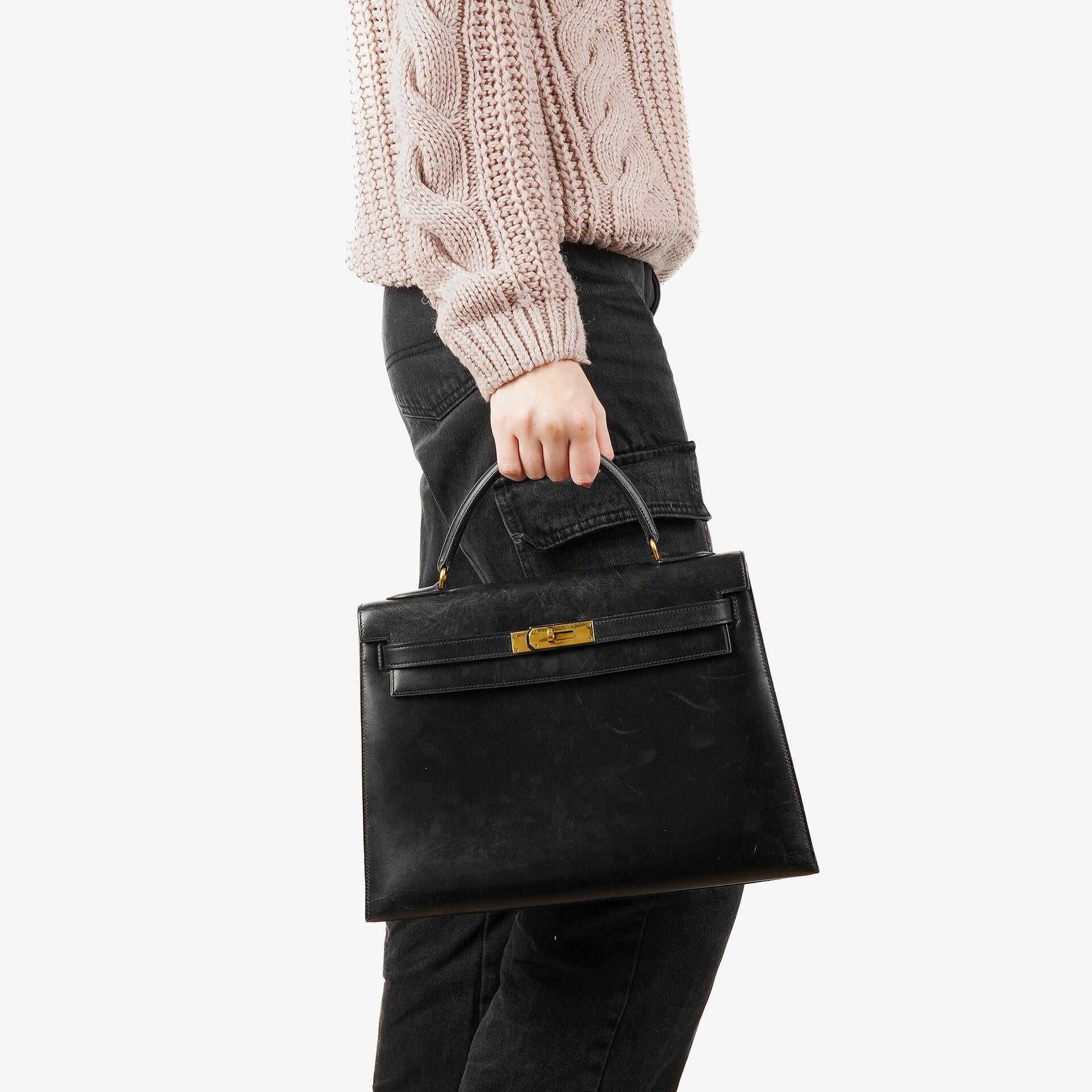 Hermes Kelly 32 Sellier Black Box Calf Gold Hardware, 1979